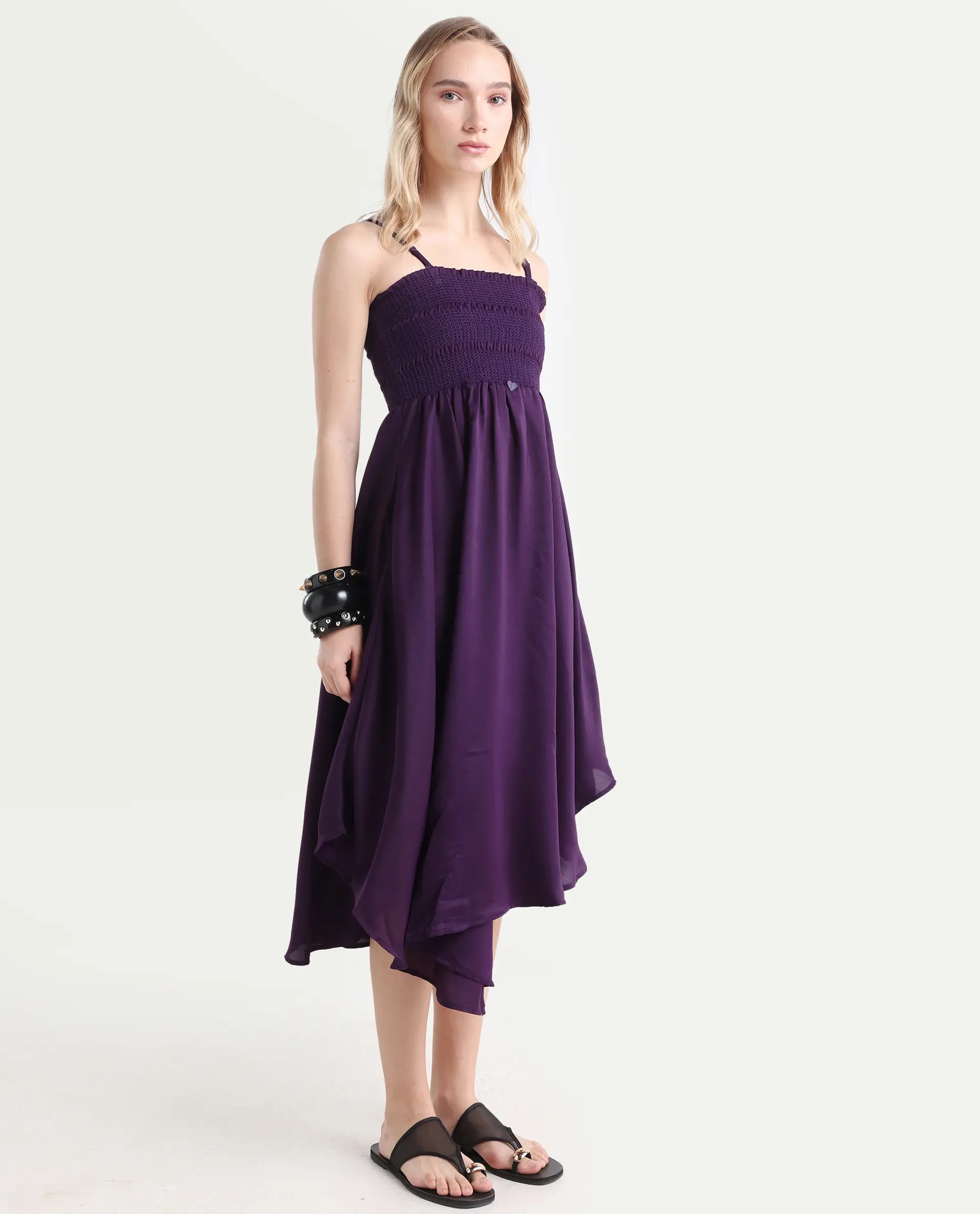 Rareism Women's Zuret Dark Purple Viscose Tube Neck Plain Sleeveless Knee Length Regular Fit Dress