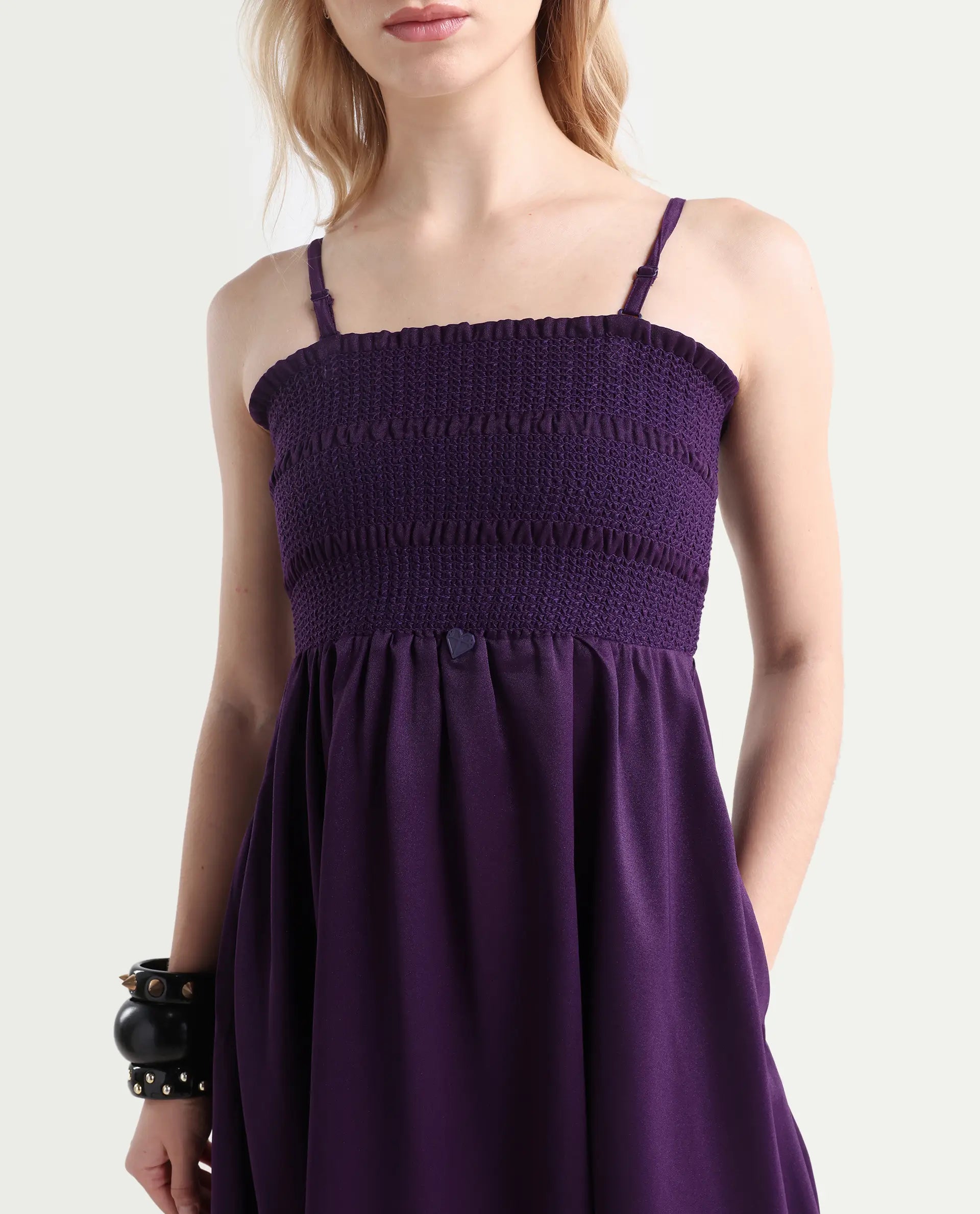 Rareism Women's Zuret Dark Purple Viscose Tube Neck Plain Sleeveless Knee Length Regular Fit Dress