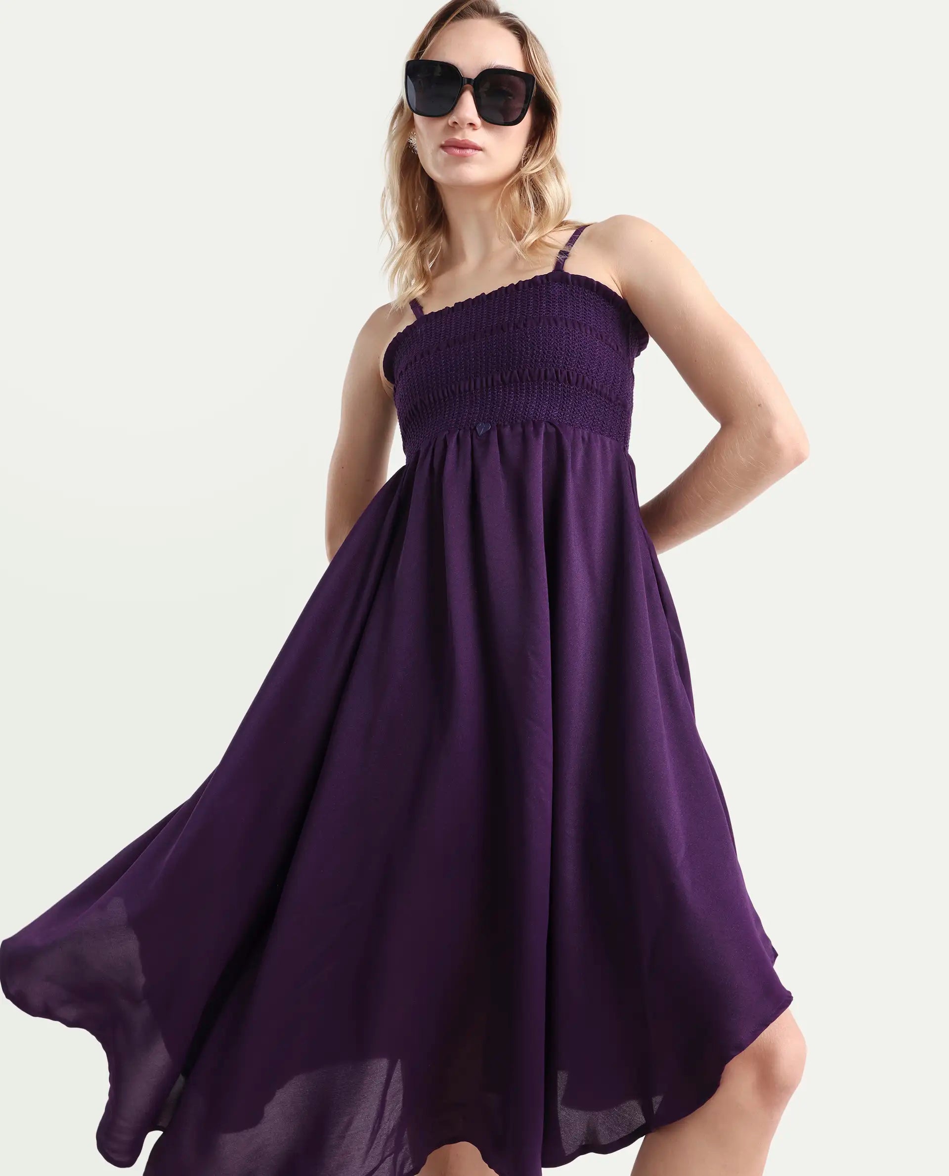 Rareism Women's Zuret Dark Purple Viscose Tube Neck Plain Sleeveless Knee Length Regular Fit Dress