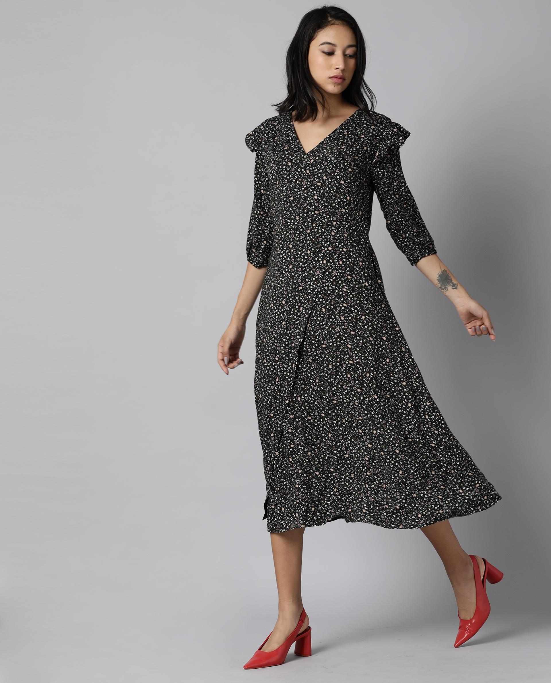Rareism Women Zuri Green Dress Full Sleeves Printed
