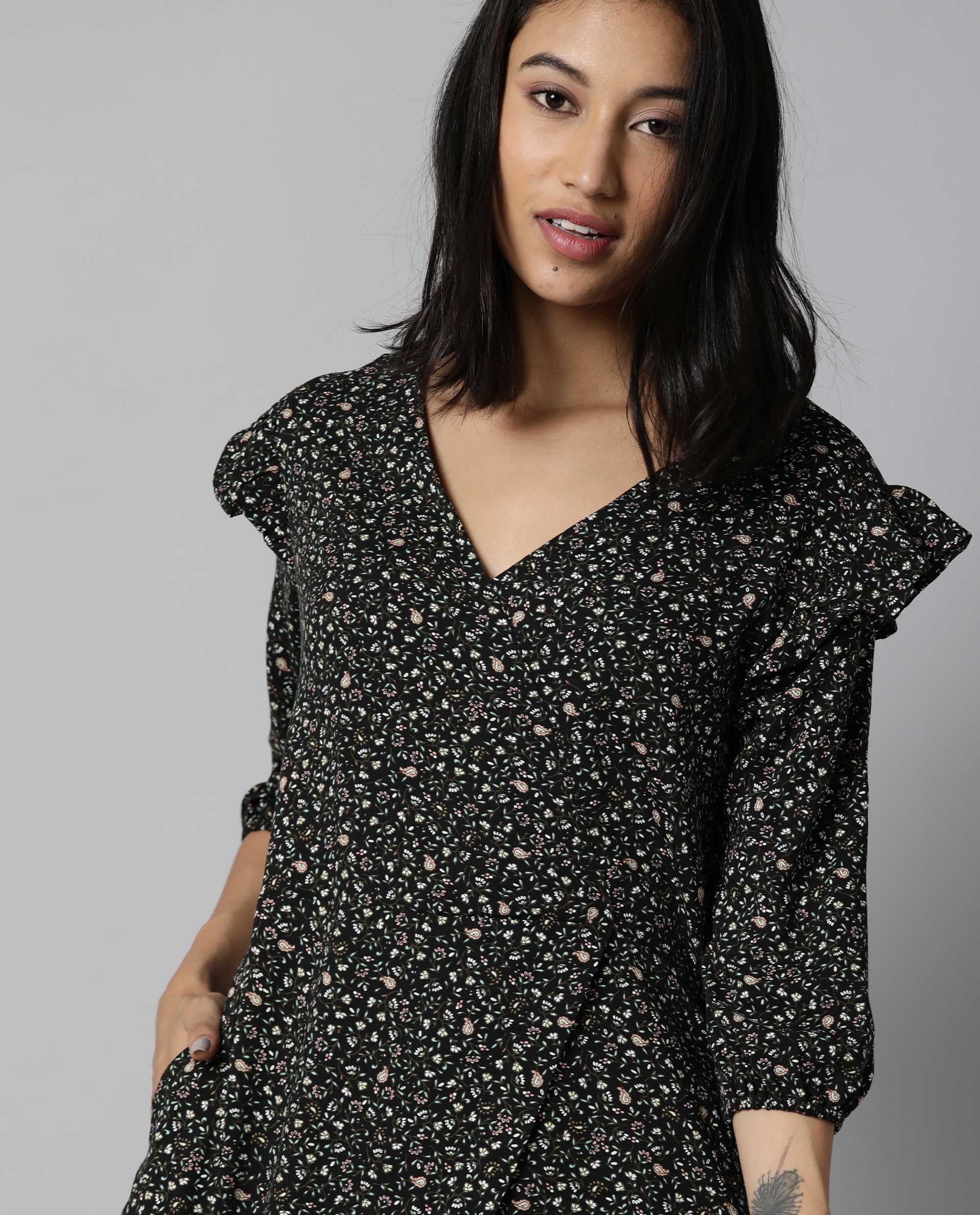 Rareism Women Zuri Green Dress Full Sleeves Printed