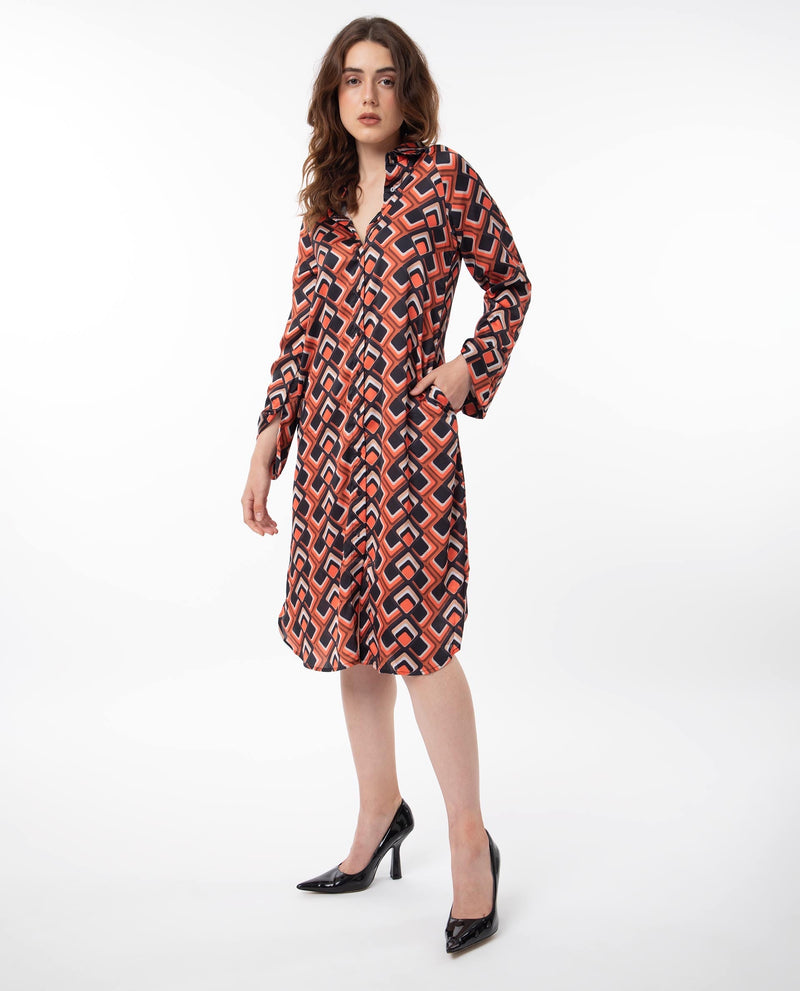 Rareism Women Zwerg Orange Polyester Fabric Full Sleeves Button Closure Shirt Collar Raglan Sleeve Regular Fit Geometric Print Knee Length A-Line Dress