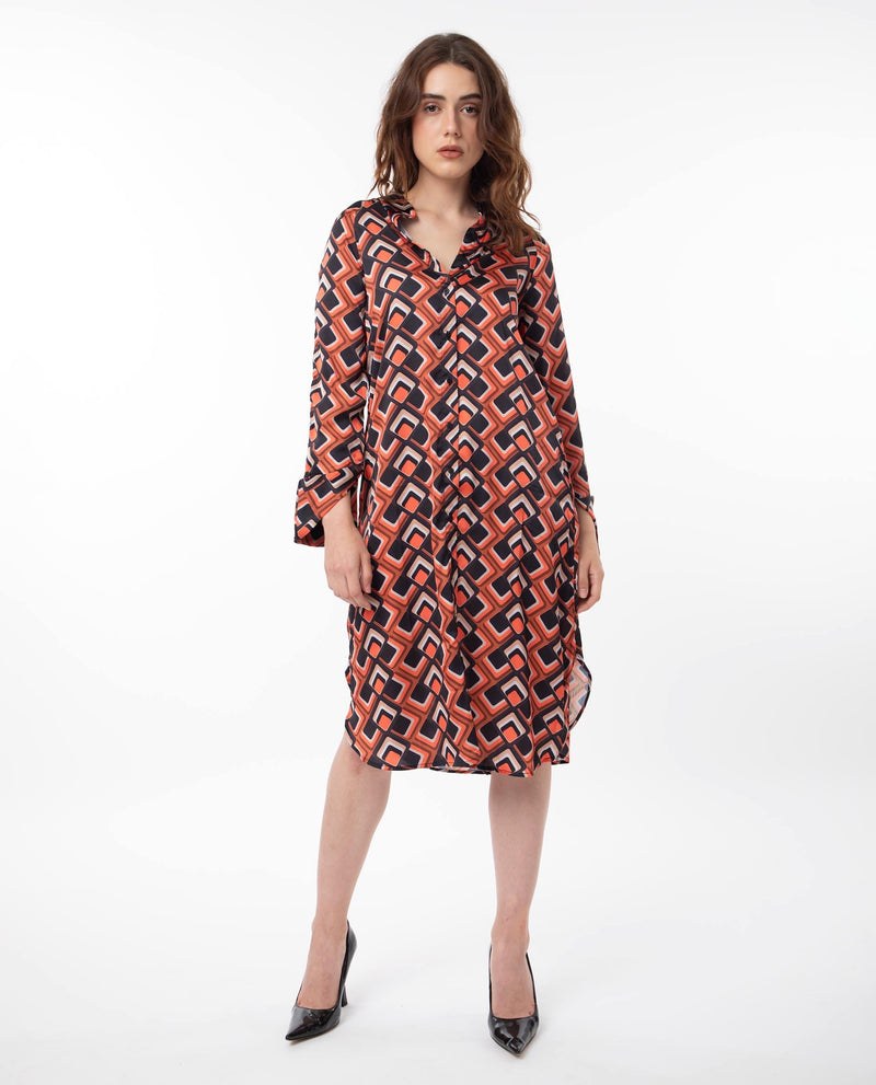 Rareism Women Zwerg Orange Polyester Fabric Full Sleeves Button Closure Shirt Collar Raglan Sleeve Regular Fit Geometric Print Knee Length A-Line Dress