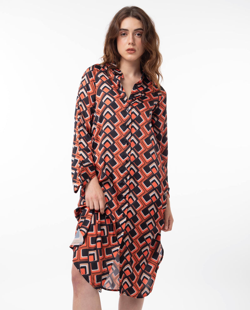 Rareism Women Zwerg Orange Polyester Fabric Full Sleeves Button Closure Shirt Collar Raglan Sleeve Regular Fit Geometric Print Knee Length A-Line Dress