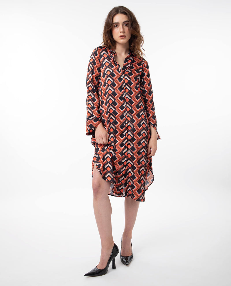 Rareism Women Zwerg Orange Polyester Fabric Full Sleeves Button Closure Shirt Collar Raglan Sleeve Regular Fit Geometric Print Knee Length A-Line Dress