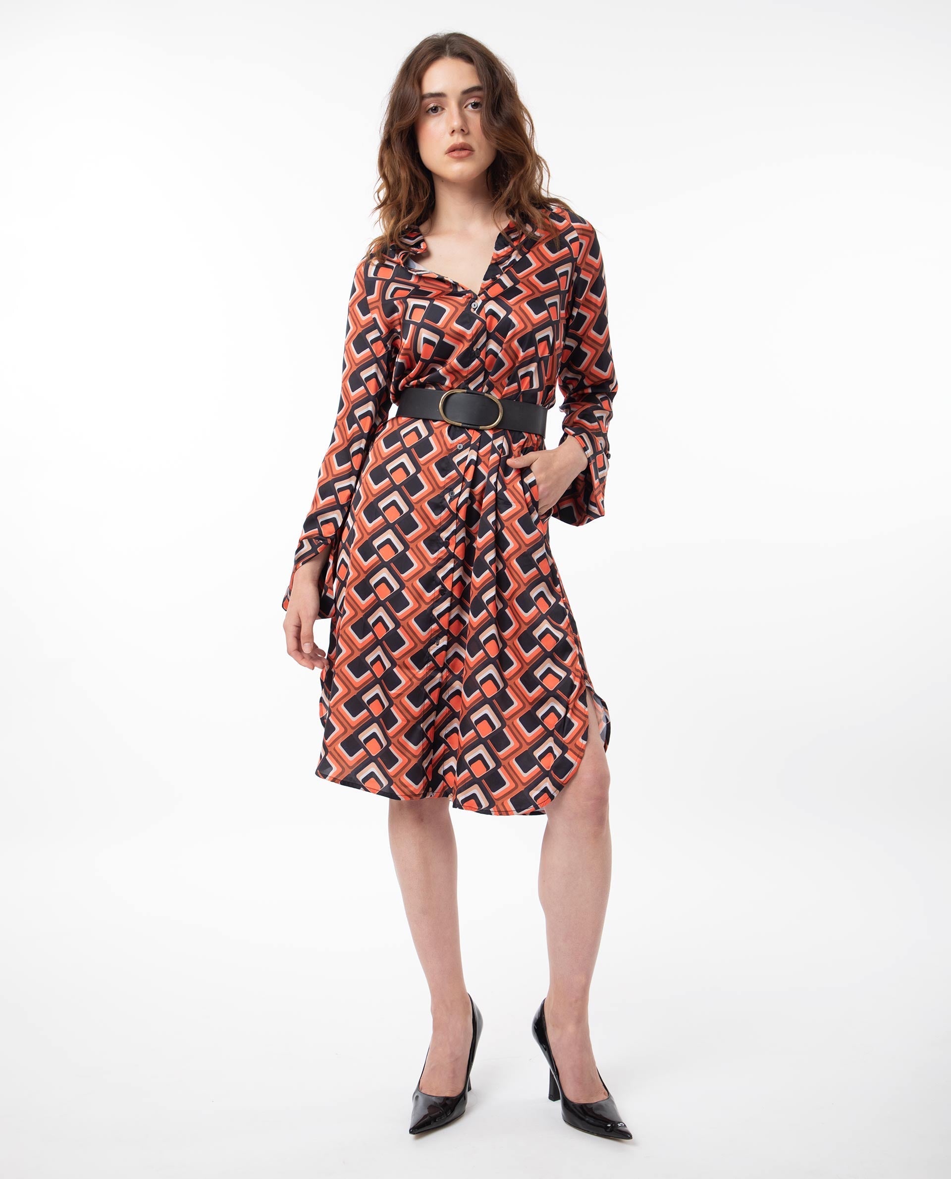 Rareism Women Zwerg Orange Polyester Fabric Full Sleeves Button Closure Shirt Collar Raglan Sleeve Regular Fit Geometric Print Knee Length A-Line Dress