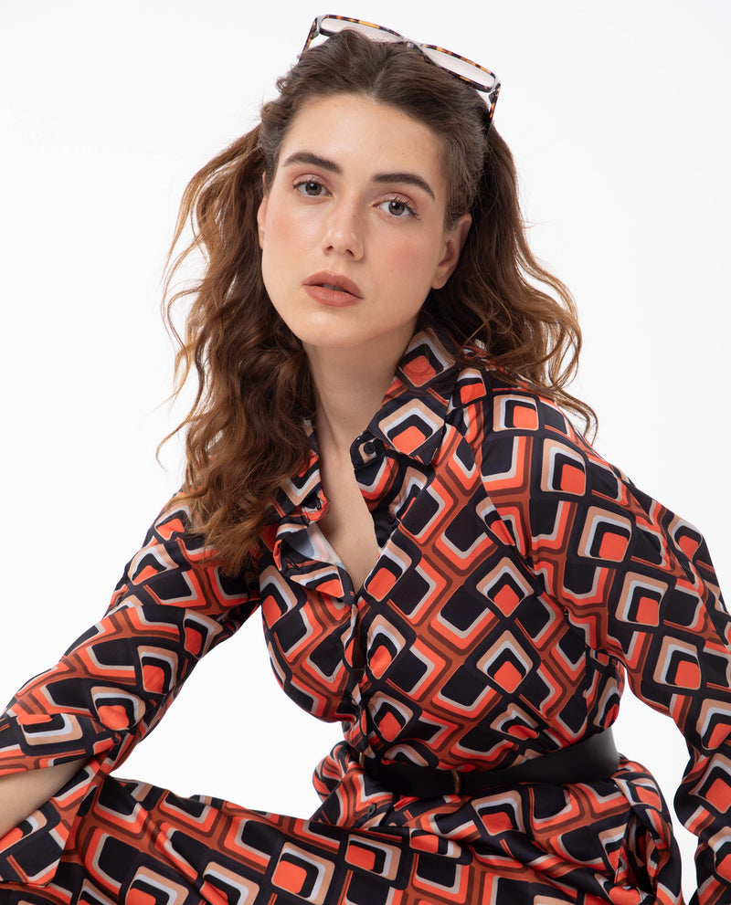 Rareism Women Zwerg Orange Polyester Fabric Full Sleeves Button Closure Shirt Collar Raglan Sleeve Regular Fit Geometric Print Knee Length A-Line Dress