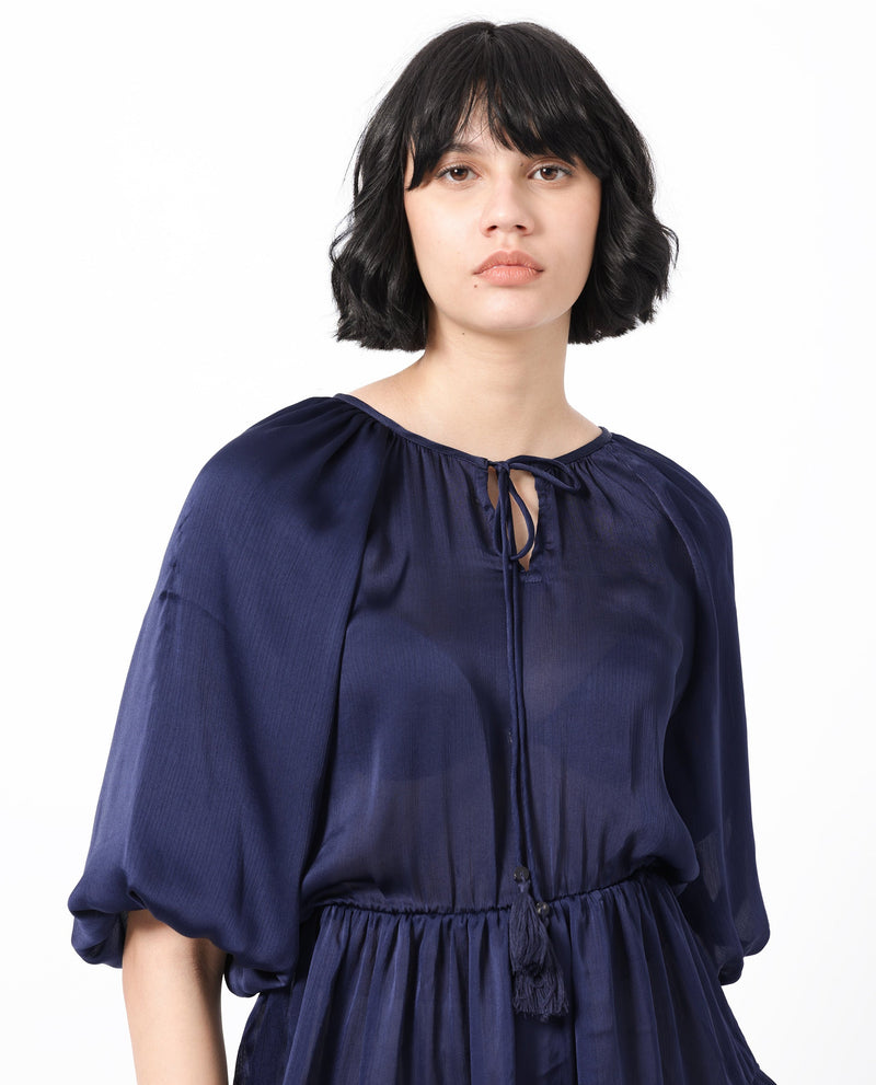 Rareism Women Zekeje Blue Polyester Fabric Short Sleeves Tie-Up Neck Raglan Sleeve Regular Fit Plain Short Boxy Dress