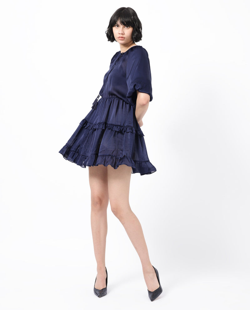 Rareism Women Zekeje Blue Polyester Fabric Short Sleeves Tie-Up Neck Raglan Sleeve Regular Fit Plain Short Boxy Dress