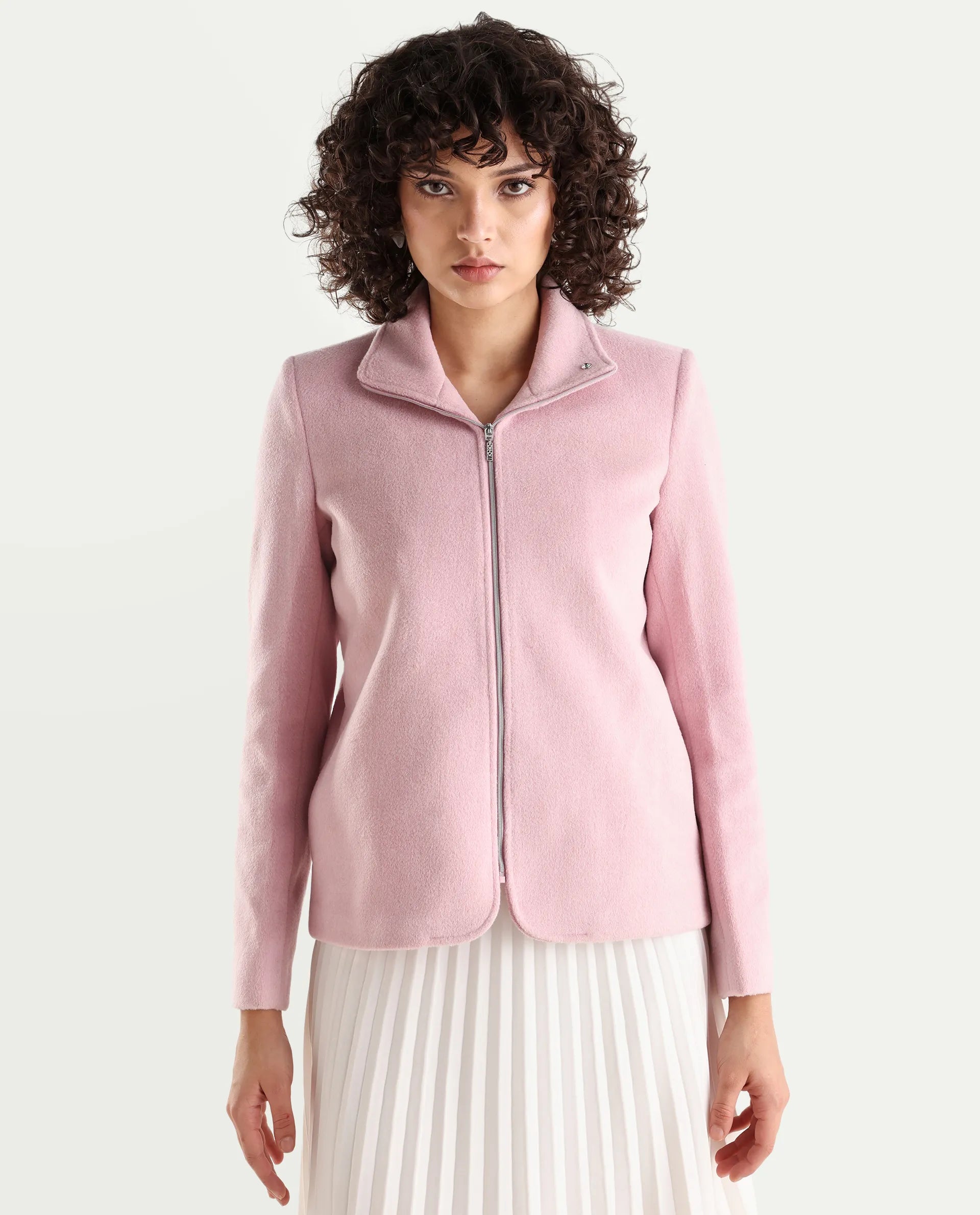 Rareism Women's Zympi Light Pink Stand Collar Plain Cuffed Sleeve Boxy Fit Jacket