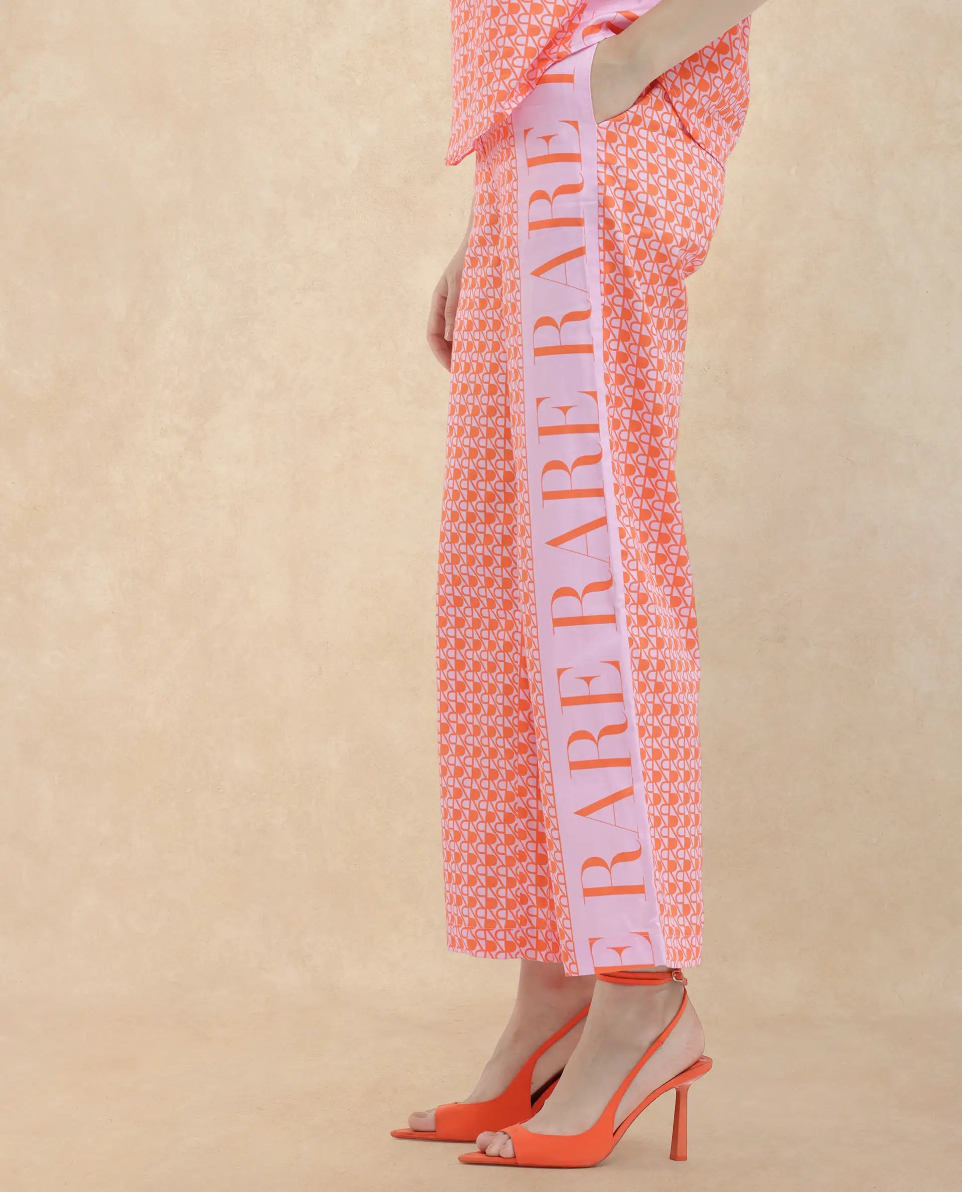 Rareism Women Zyon-B Pink Cotton Fabric Straight Fit Monogram Ankle Length Trousers