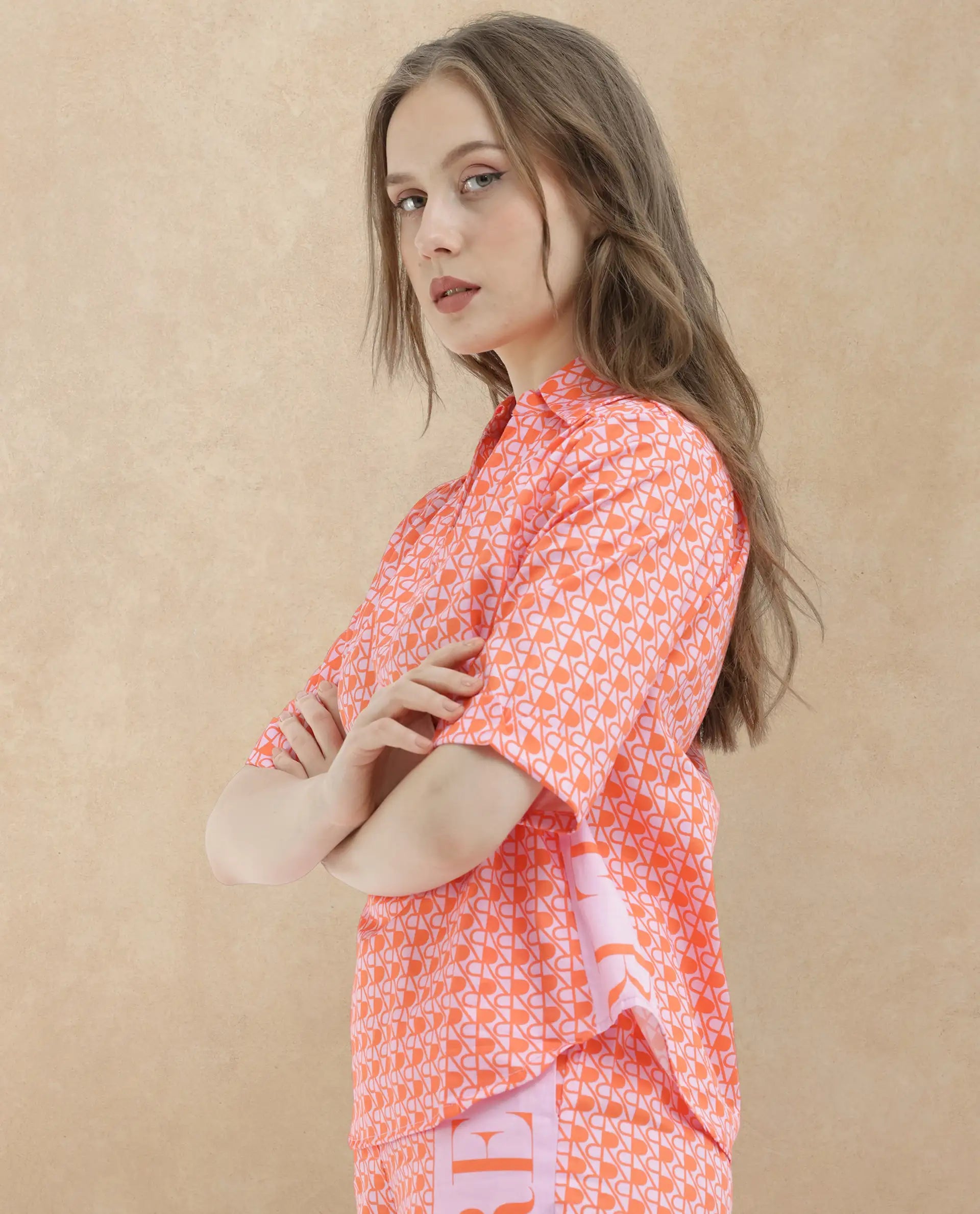 Rareism Women Zyon-T Pink Cotton Fabric Short Sleeves Johnny Collar Regular Fit Monogram Top