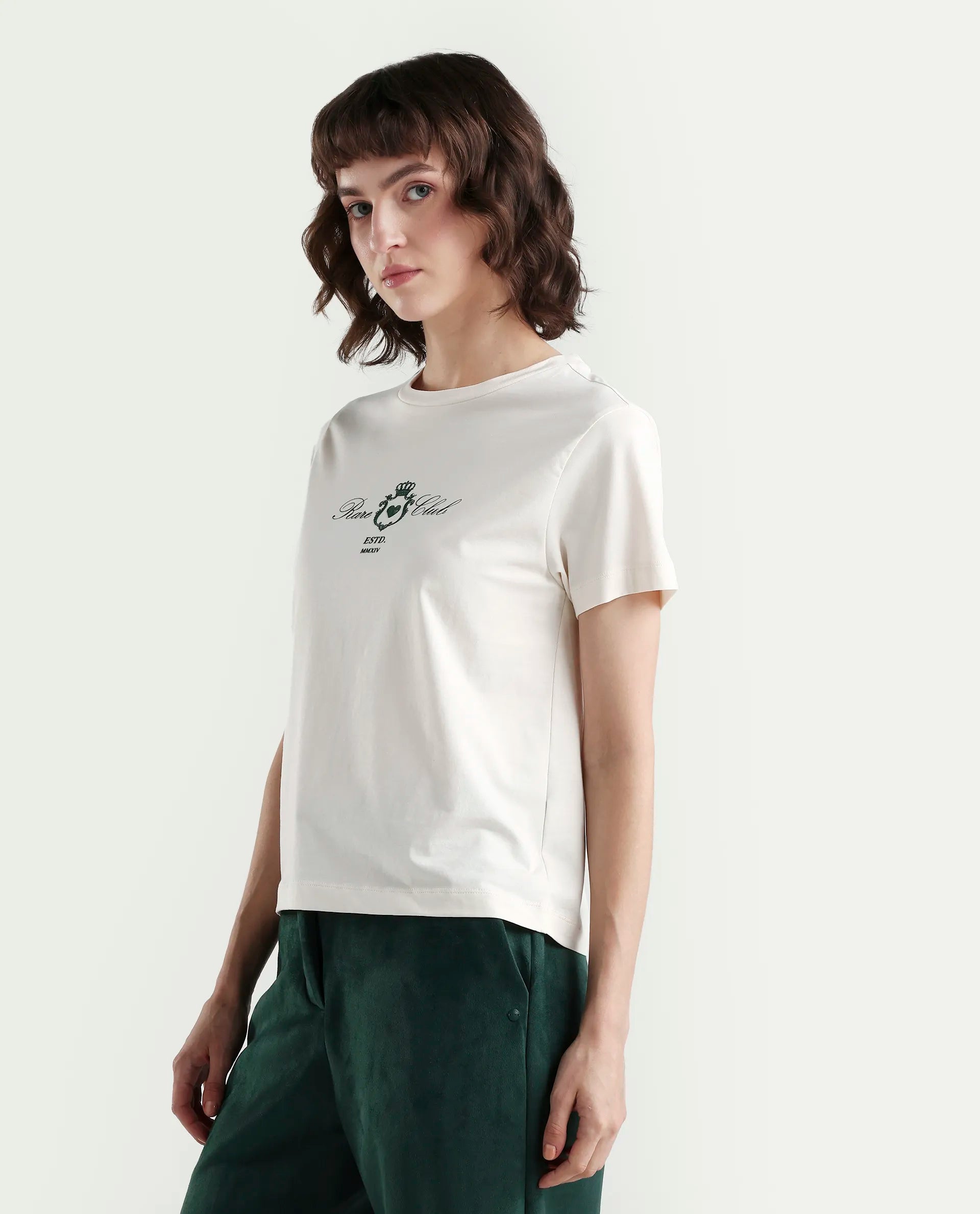 Rareism Women's Zorn Off White Cotton Blend Half Sleeve Regular Fit Plain T-Shirt