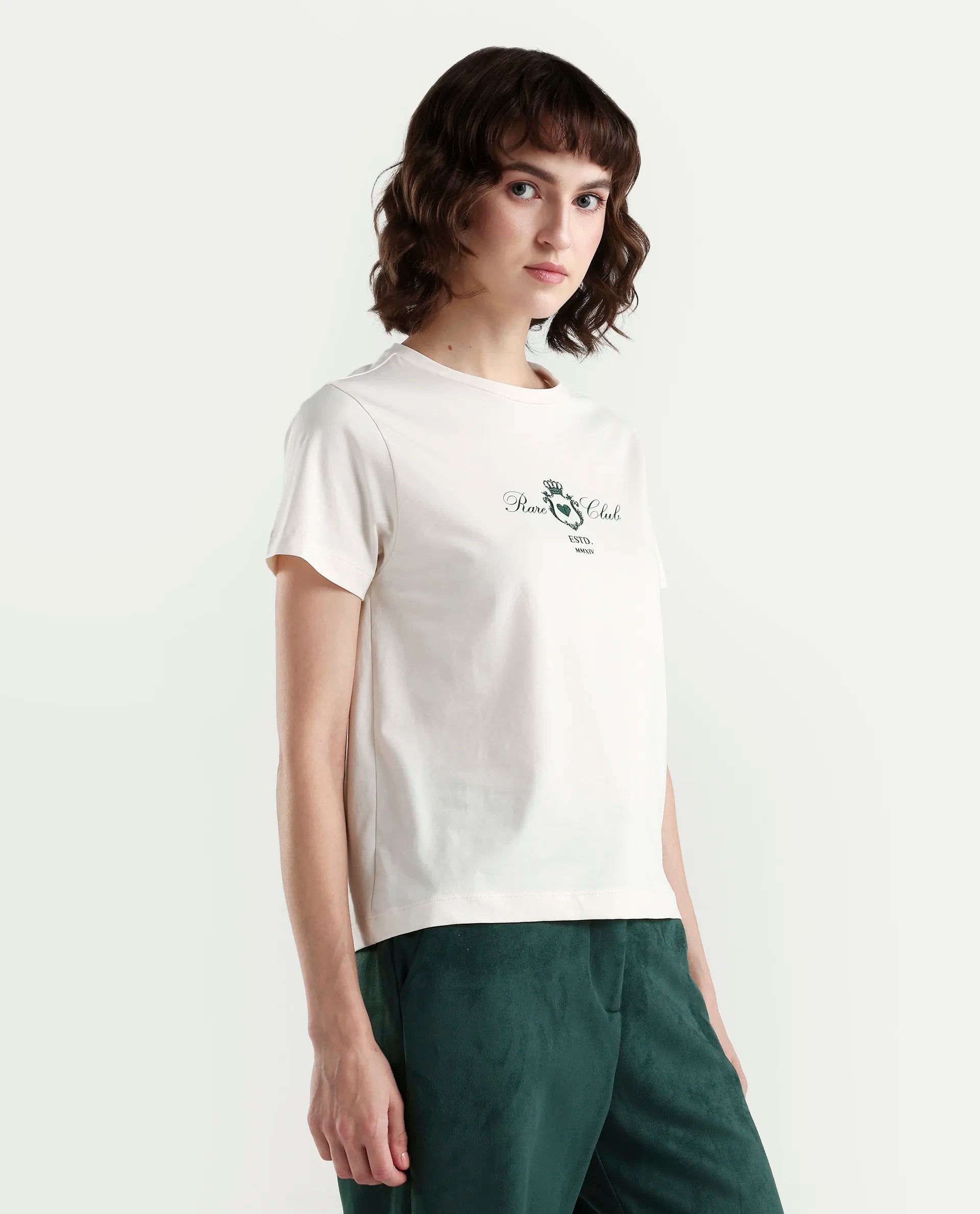 Rareism Women's Zorn Off White Cotton Blend Half Sleeve Regular Fit Plain T-Shirt