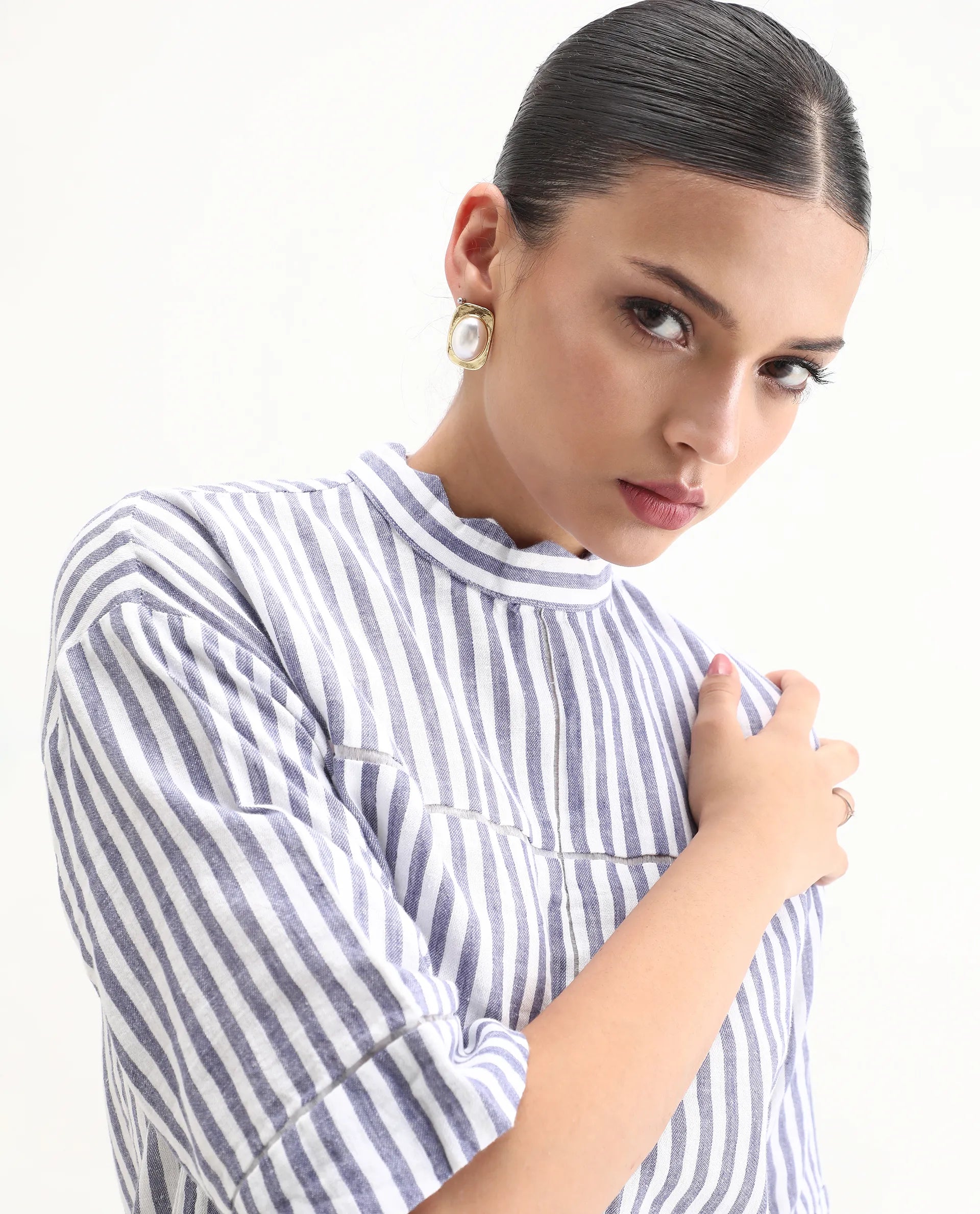 Rareism Women's Abutilon Blue Linen High Neck Striped Mini Relaxed Fit Dress