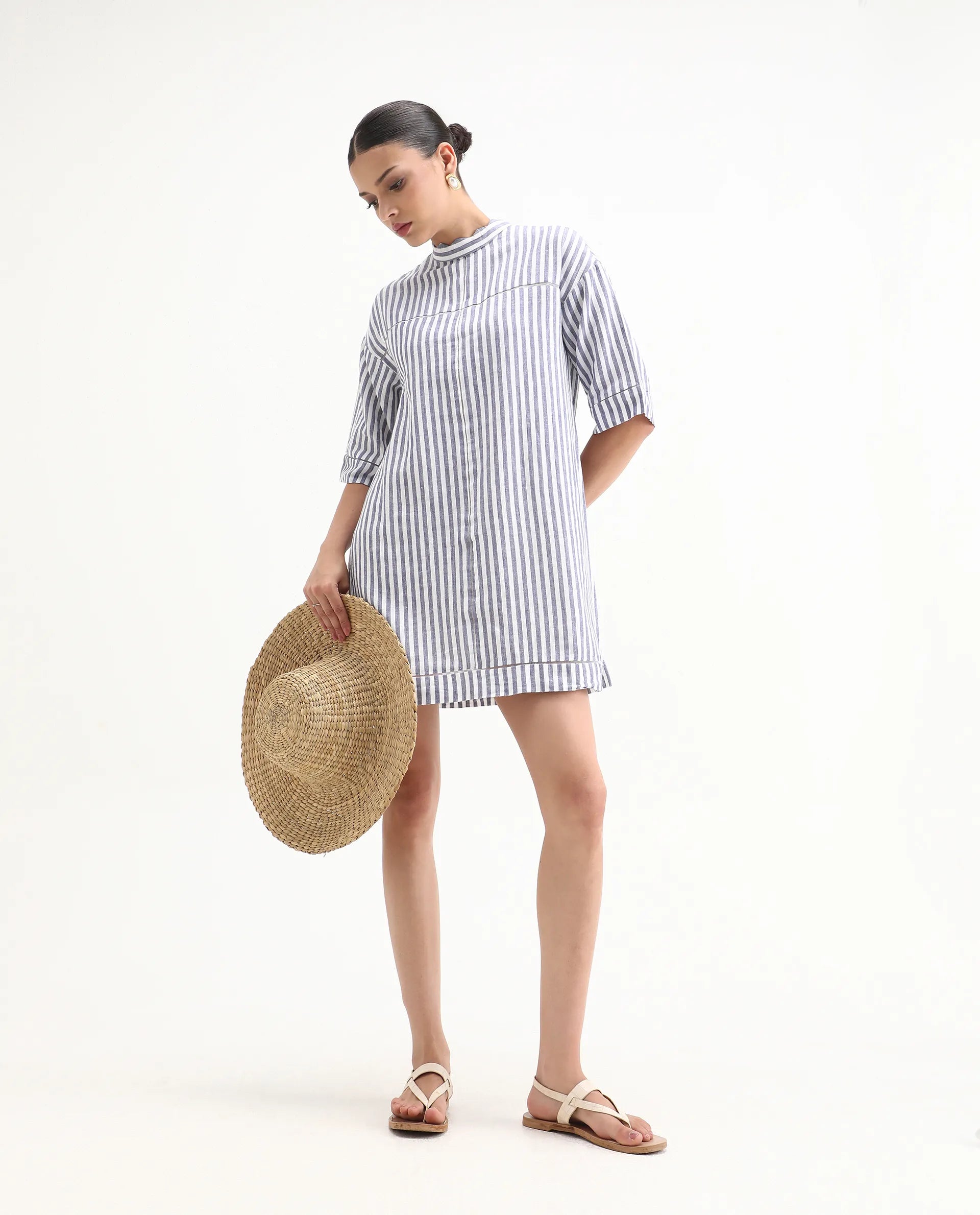 Rareism Women's Abutilon Blue Linen High Neck Striped Mini Relaxed Fit Dress