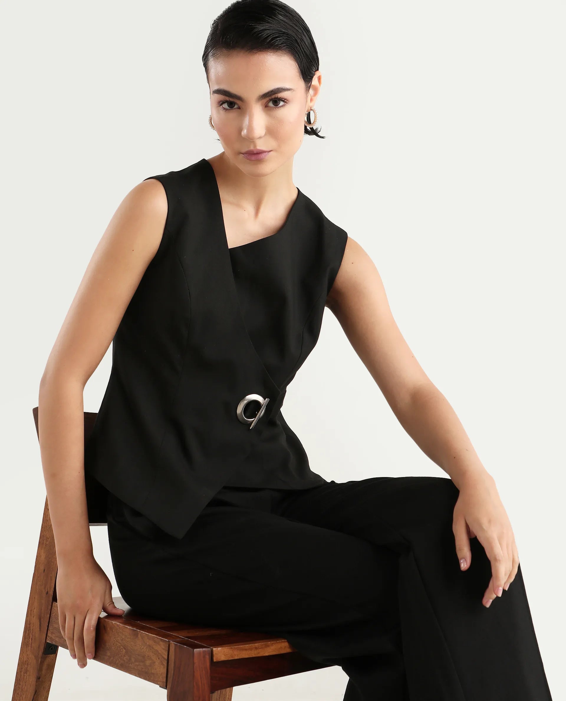 Rareism Women's Achilles Black Cotton Blend Asymmetric Neck Plain Sleeveless Regular Fitted Top