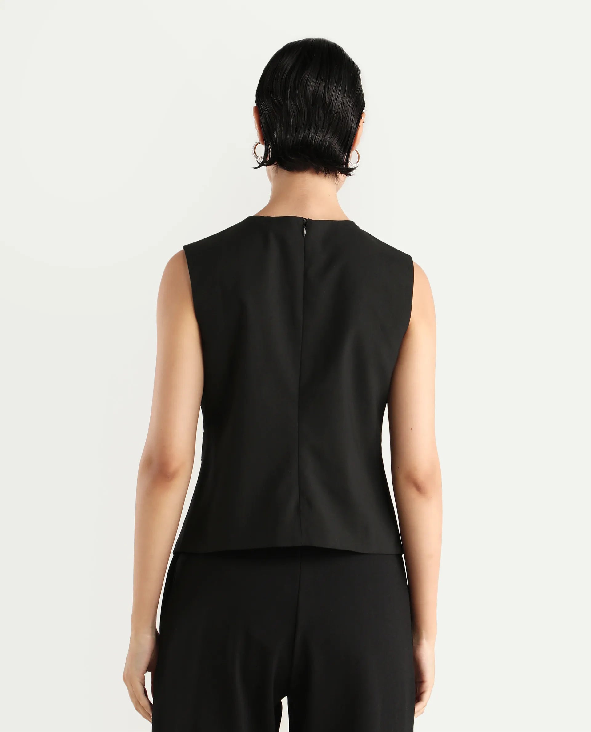 Rareism Women's Achilles Black Cotton Blend Asymmetric Neck Plain Sleeveless Regular Fitted Top