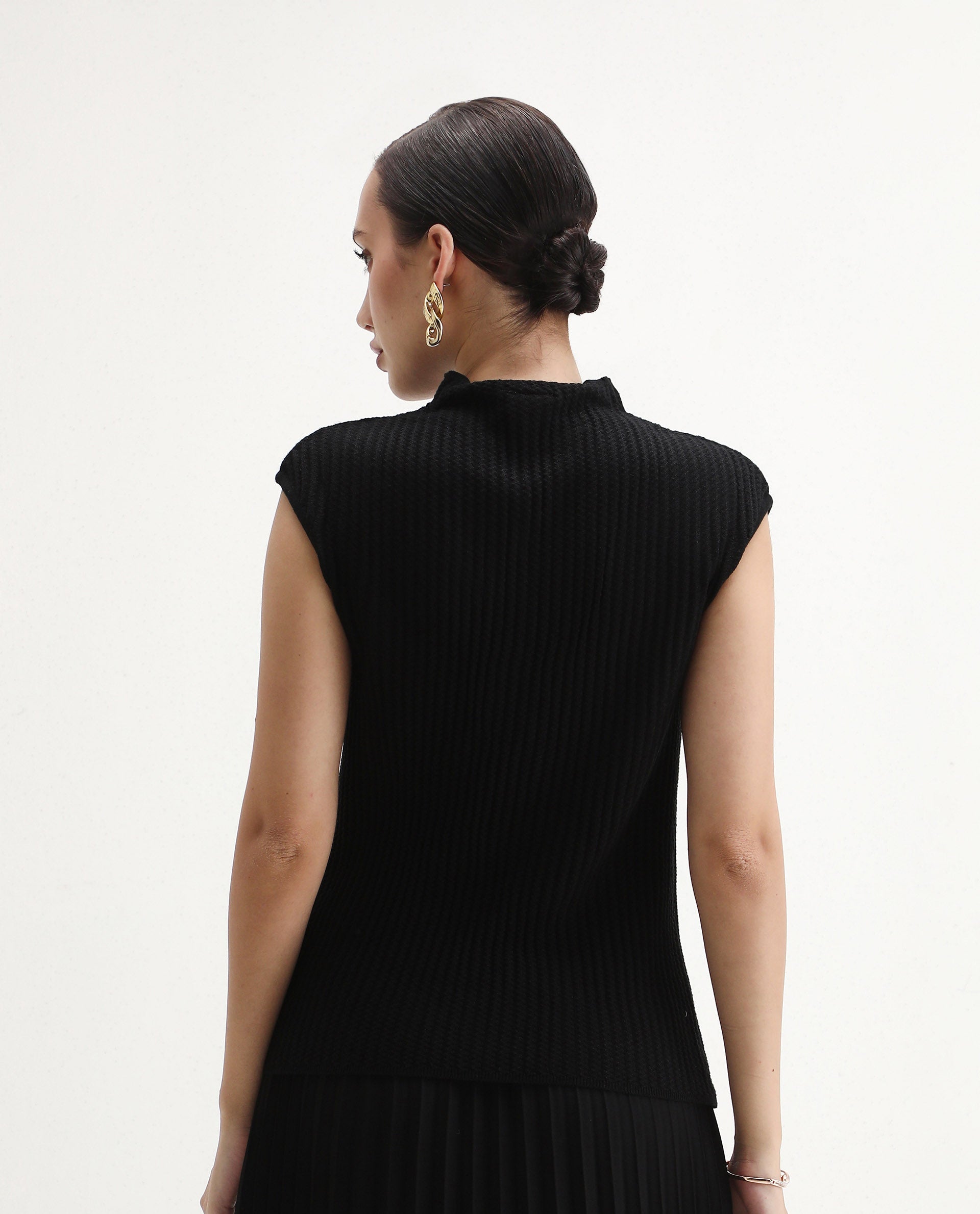 Rareism Women's Afmat Black Acrylic High Neck Plain Sleeveless Regular Fit Top