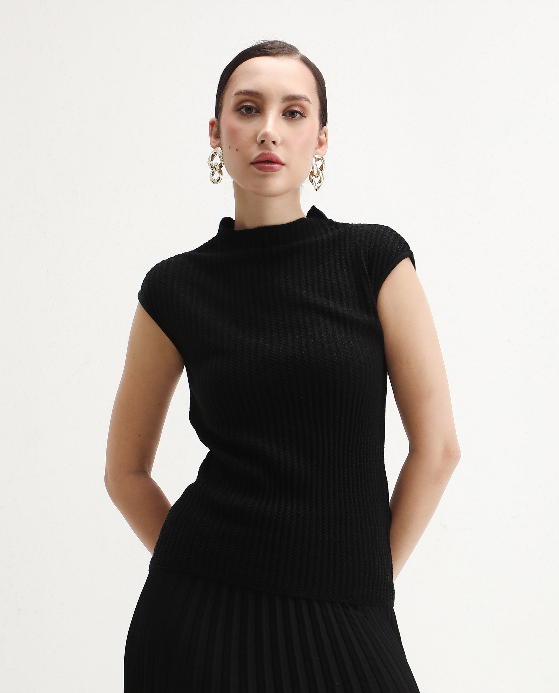 Rareism Women's Afmat Black Acrylic High Neck Plain Sleeveless Regular Fit Top