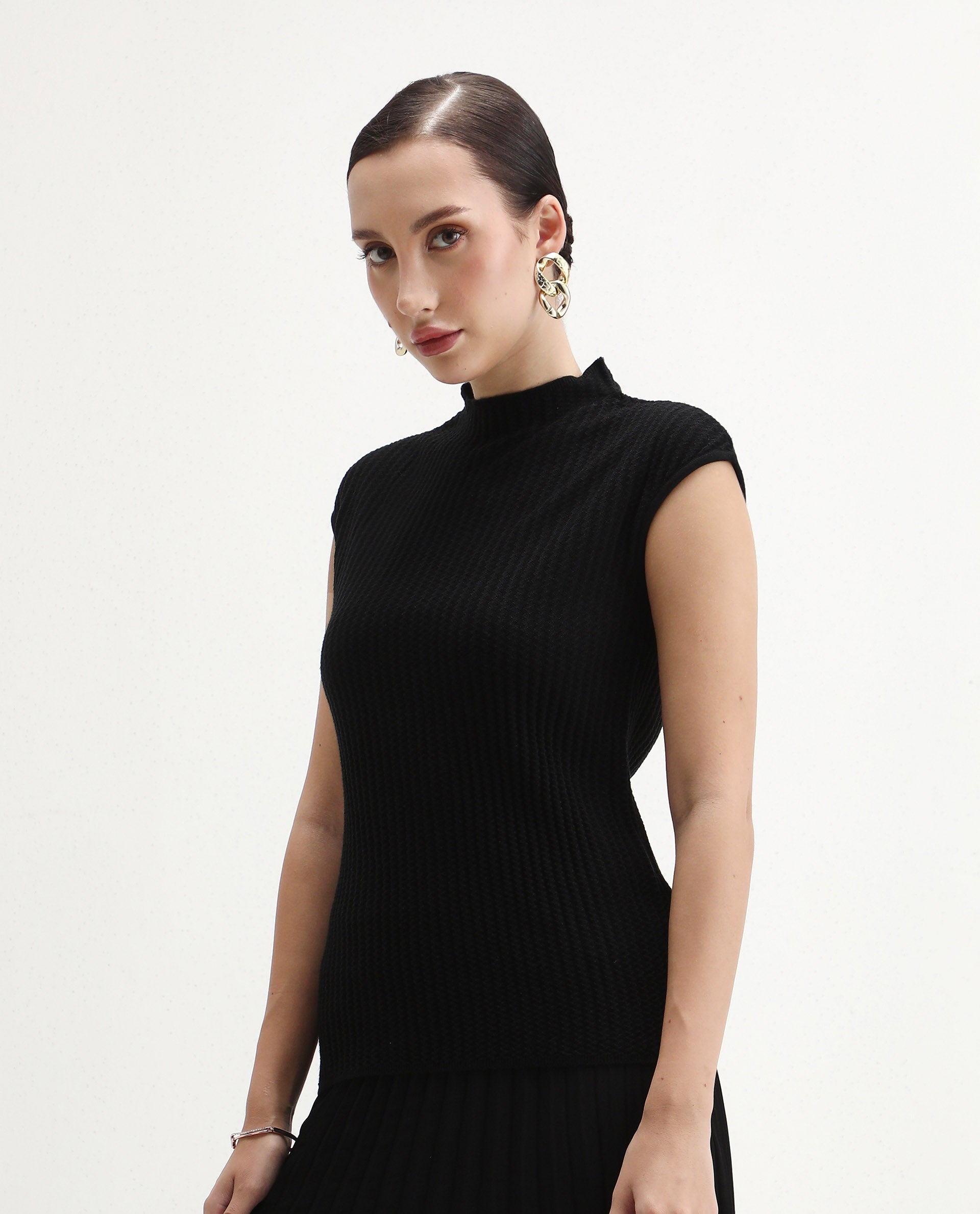 Rareism Women's Afmat Black Acrylic High Neck Plain Sleeveless Regular Fit Top