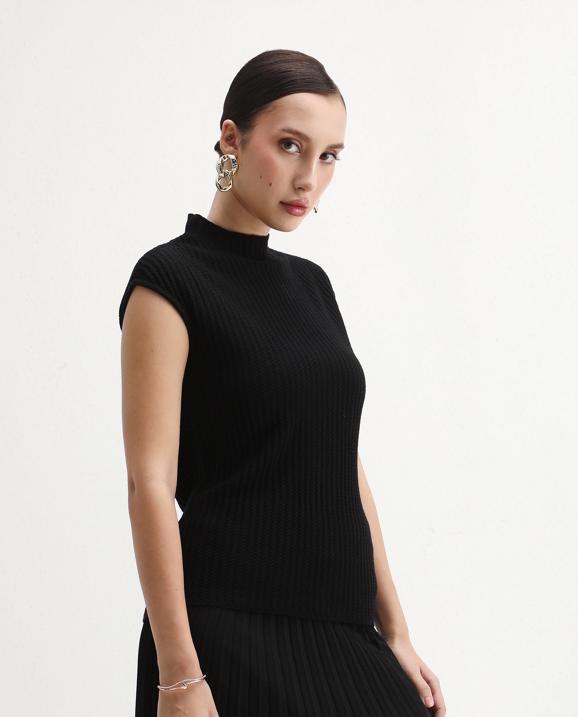 Rareism Women's Afmat Black Acrylic High Neck Plain Sleeveless Regular Fit Top