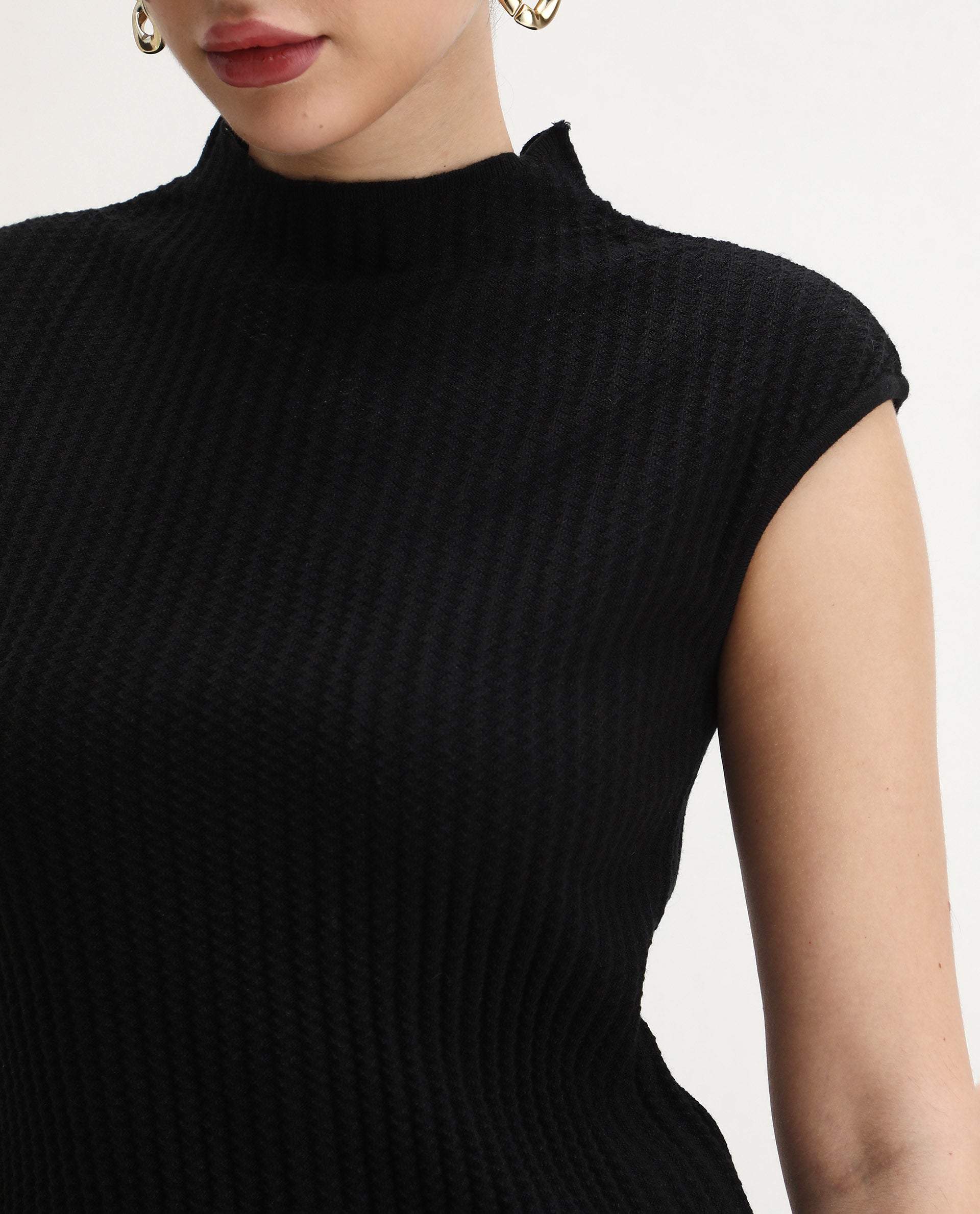 Rareism Women's Afmat Black Acrylic High Neck Plain Sleeveless Regular Fit Top