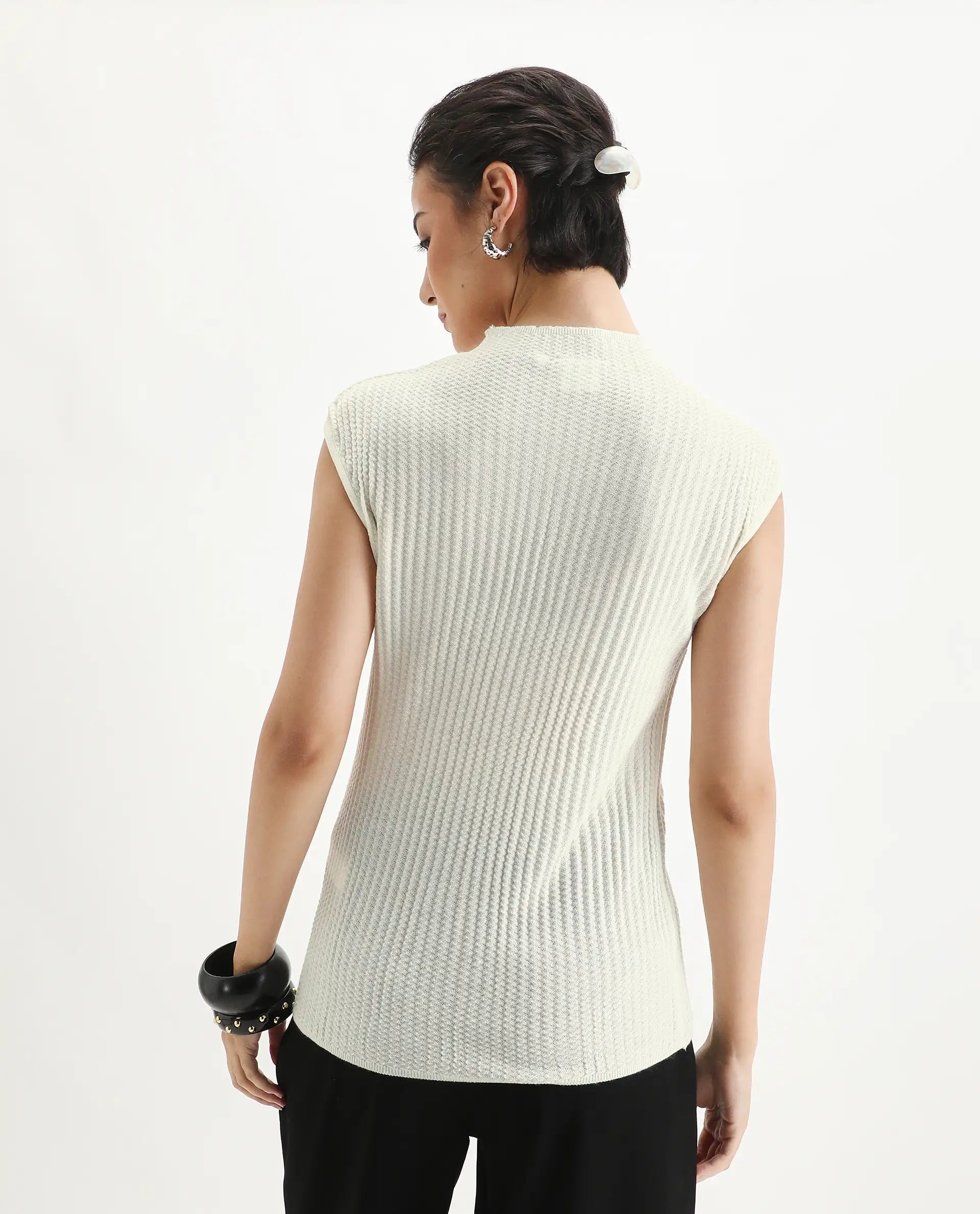 Rareism Women's Afmat Off White Acrylic High Neck Plain Sleeveless Regular Fit Top