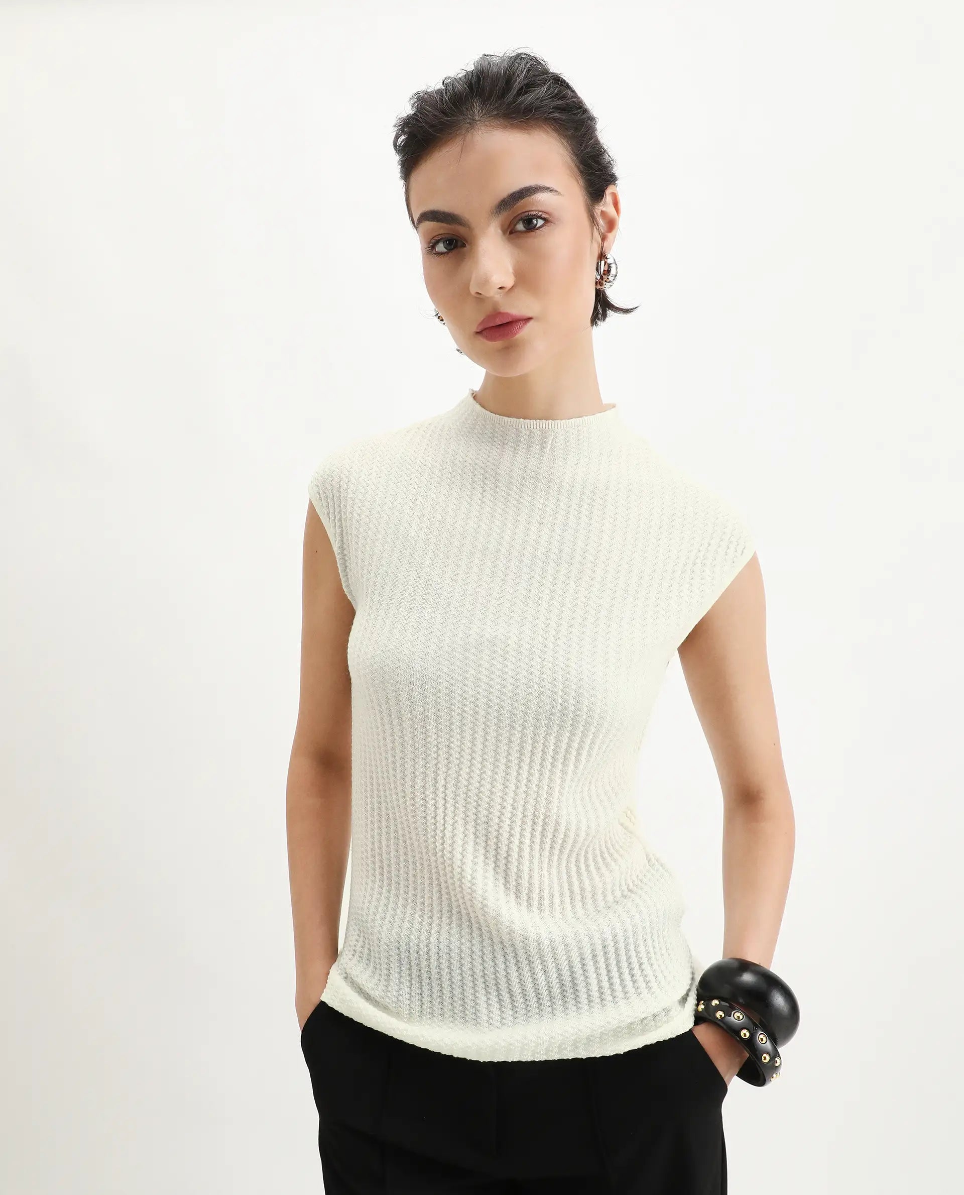 Rareism Women's Afmat Off White Acrylic High Neck Plain Sleeveless Regular Fit Top