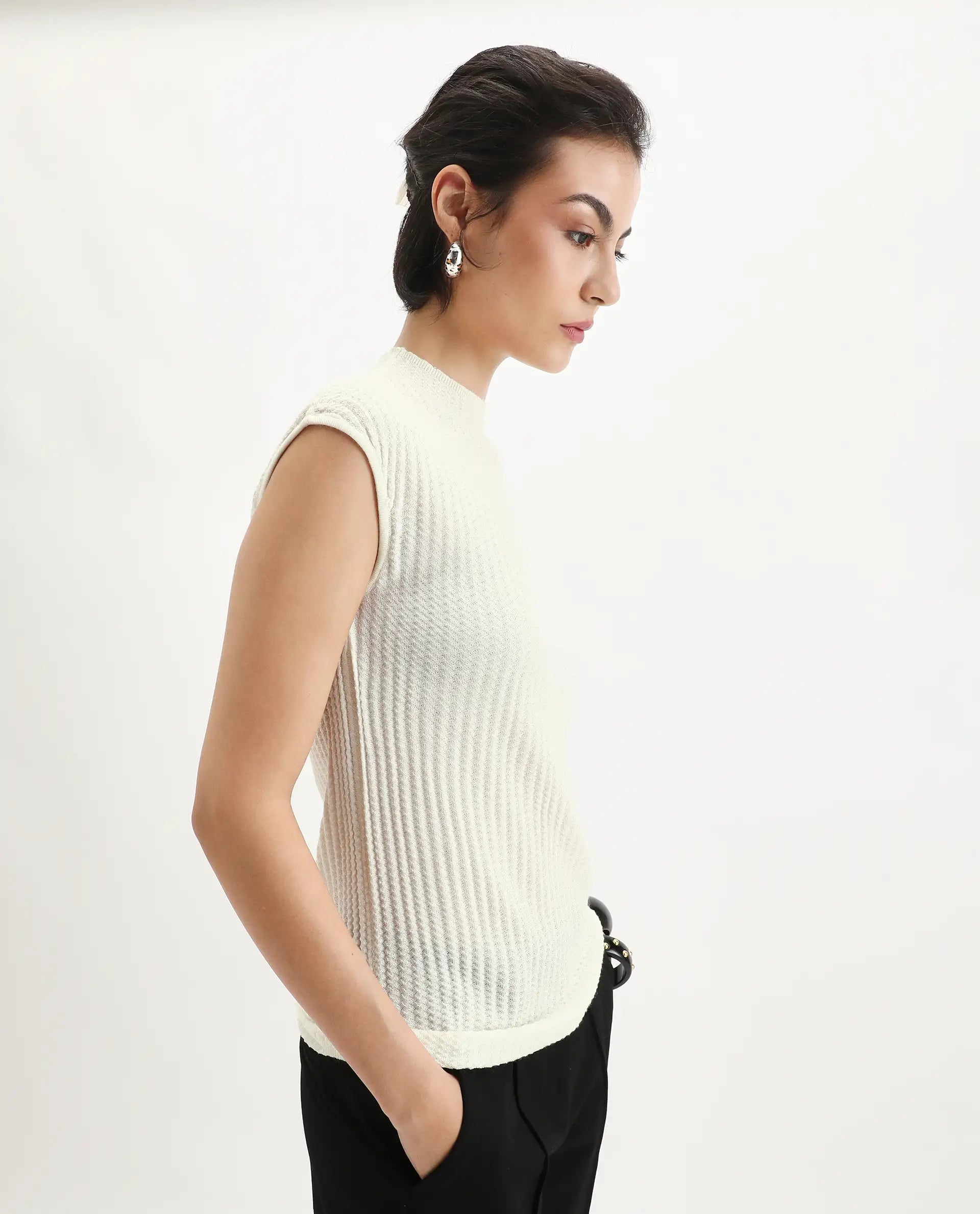 Rareism Women's Afmat Off White Acrylic High Neck Plain Sleeveless Regular Fit Top
