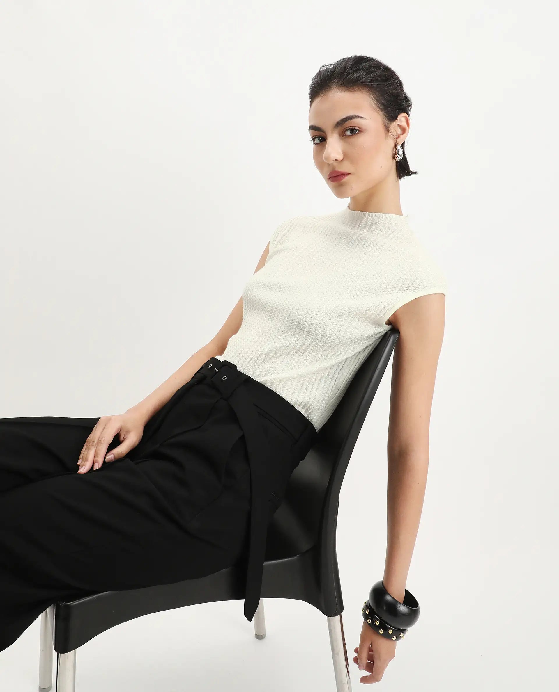 Rareism Women's Afmat Off White Acrylic High Neck Plain Sleeveless Regular Fit Top