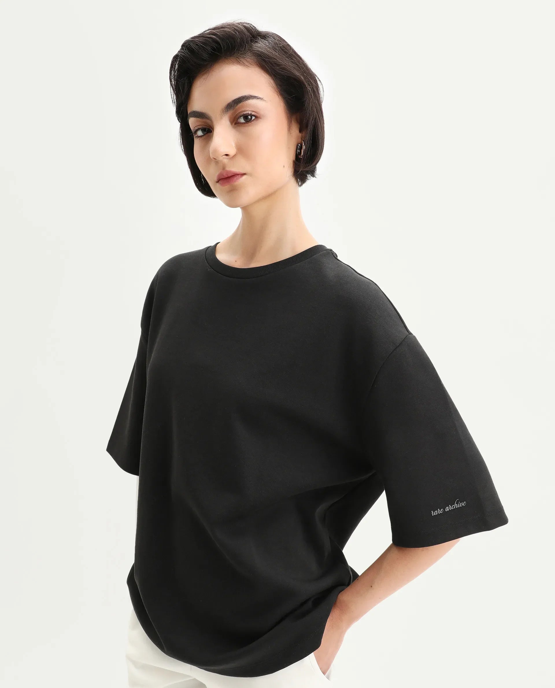 Rareism Women's Afsko T Black Cotton Crew Neck Plain Relaxed Fit T-Shirt