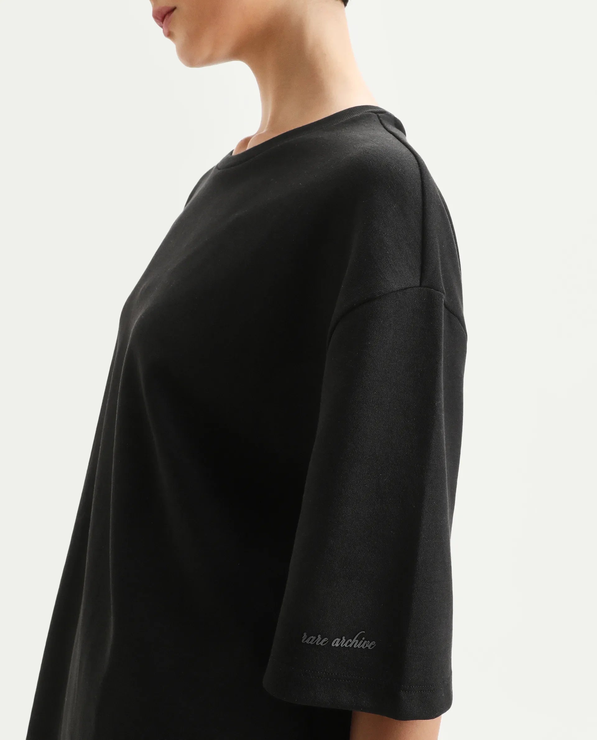 Rareism Women's Afsko T Black Cotton Crew Neck Plain Relaxed Fit T-Shirt
