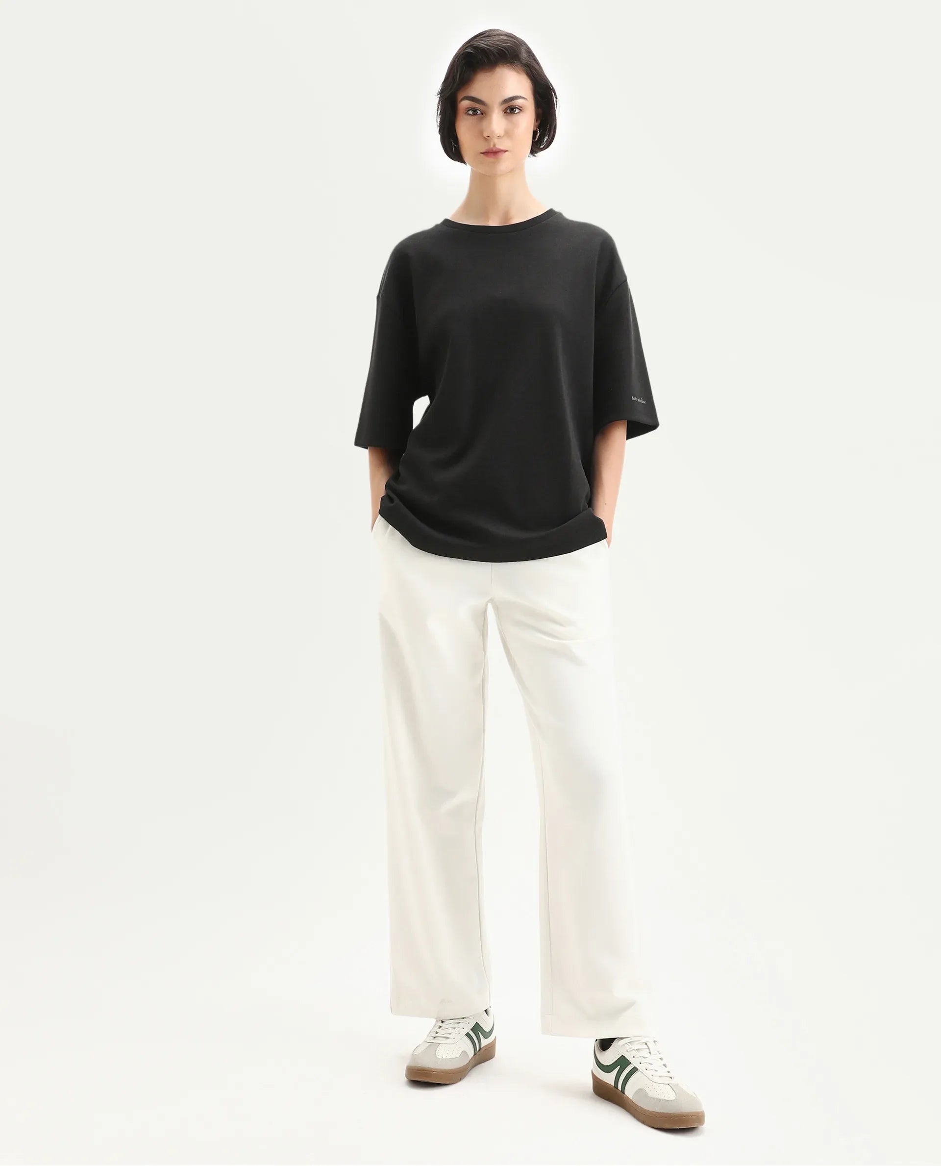 Rareism Women's Afsko T Black Cotton Crew Neck Plain Relaxed Fit T-Shirt