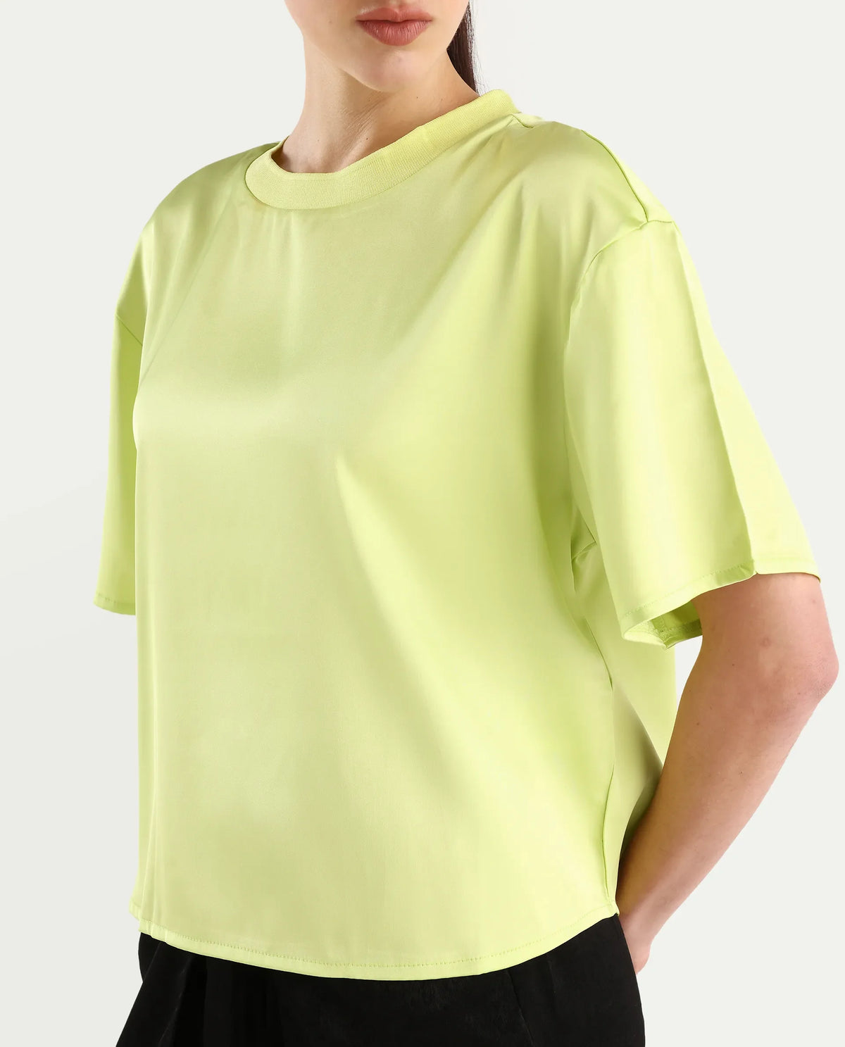 Rareism Women's Akiya Green Polyester Ribbed Collar Plain Boxy Fit Top