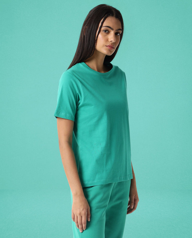 Rareism Women Alcas Green Cotton Blend Fabric Regular Fit Half Sleeves Solid Round Neck T-Shirt