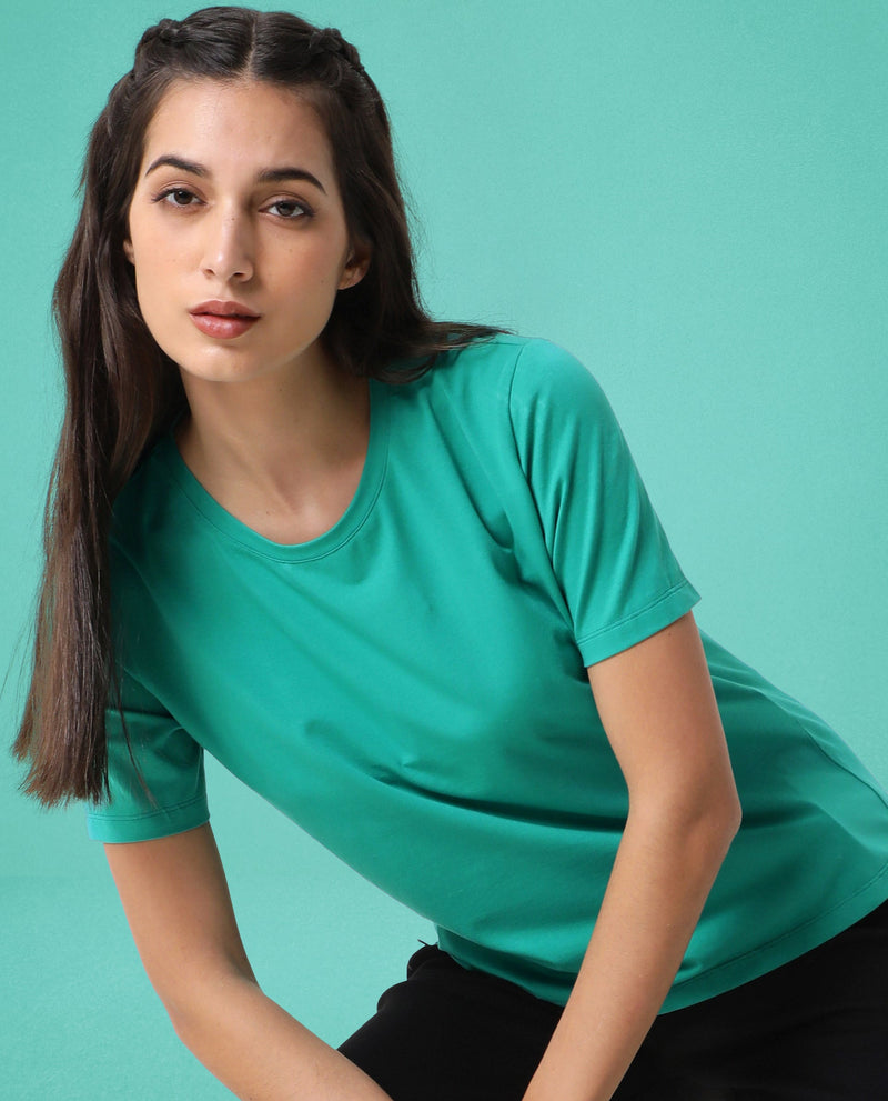 Rareism Women Alcas Green Cotton Blend Fabric Regular Fit Half Sleeves Solid Round Neck T-Shirt