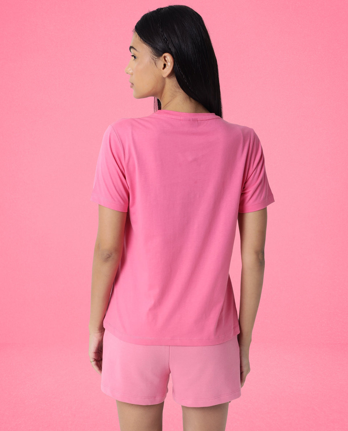 Rareism Women Alcas Flouroscent Pink Cotton Blend Fabric Regular Fit Half Sleeves Solid Round Neck T-Shirt