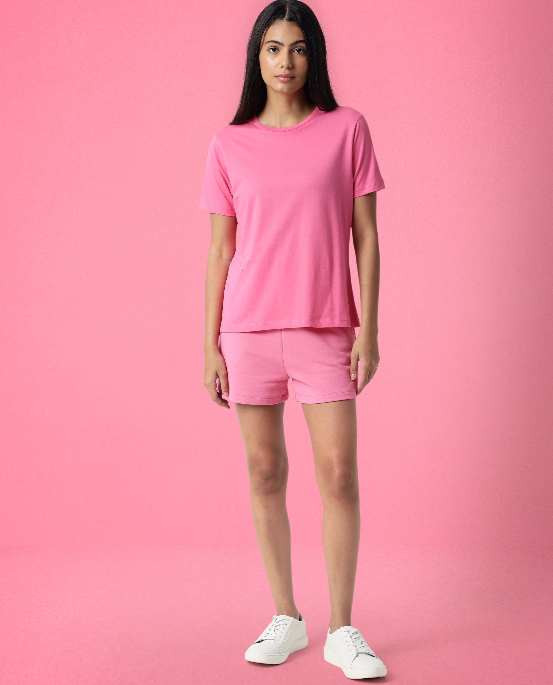 Rareism Women Alcas Flouroscent Pink Cotton Blend Fabric Regular Fit Half Sleeves Solid Round Neck T-Shirt