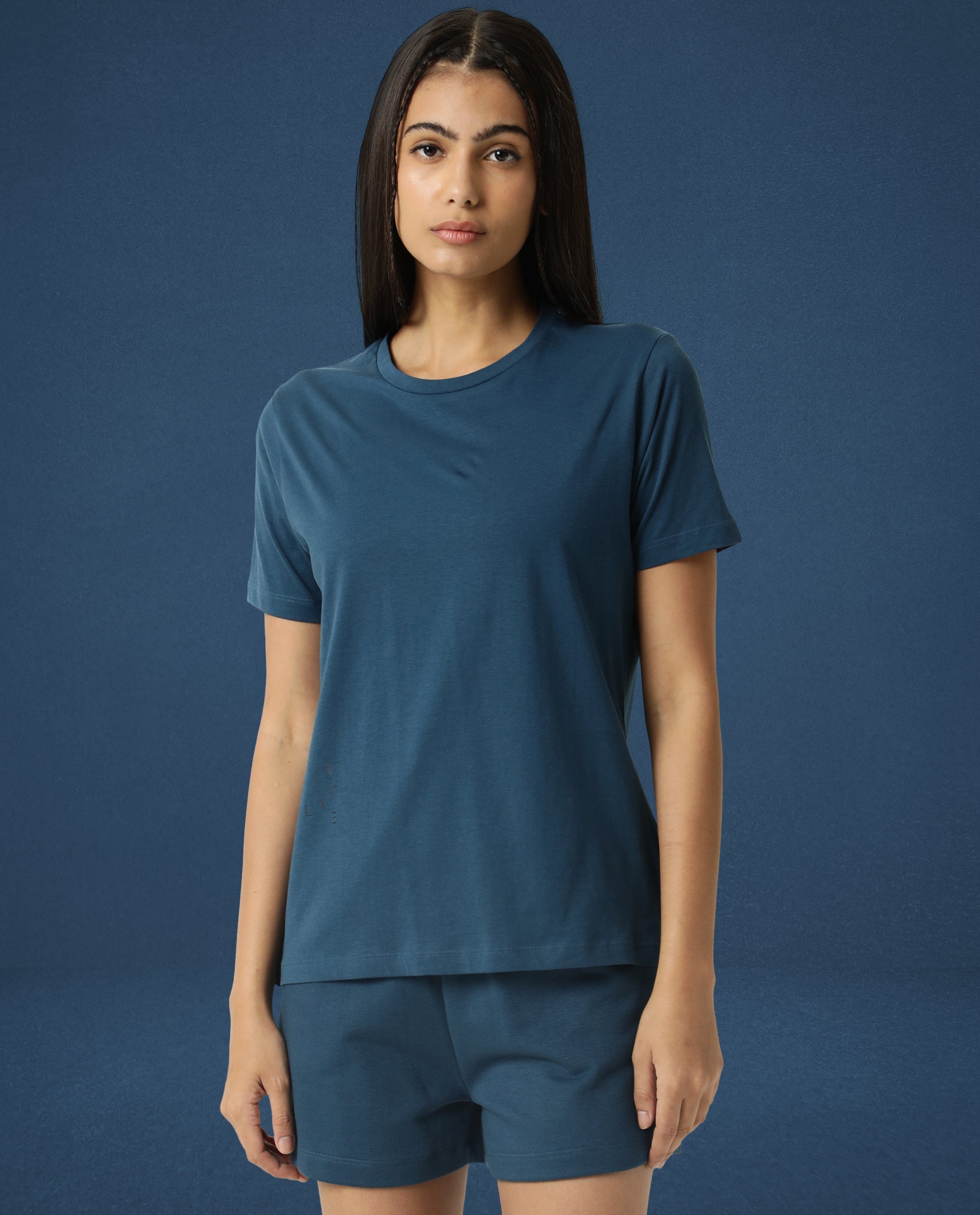 Rareism Women Alcas Dusky Green Cotton Blend Fabric Regular Fit Half Sleeves Solid Round Neck T-Shirt