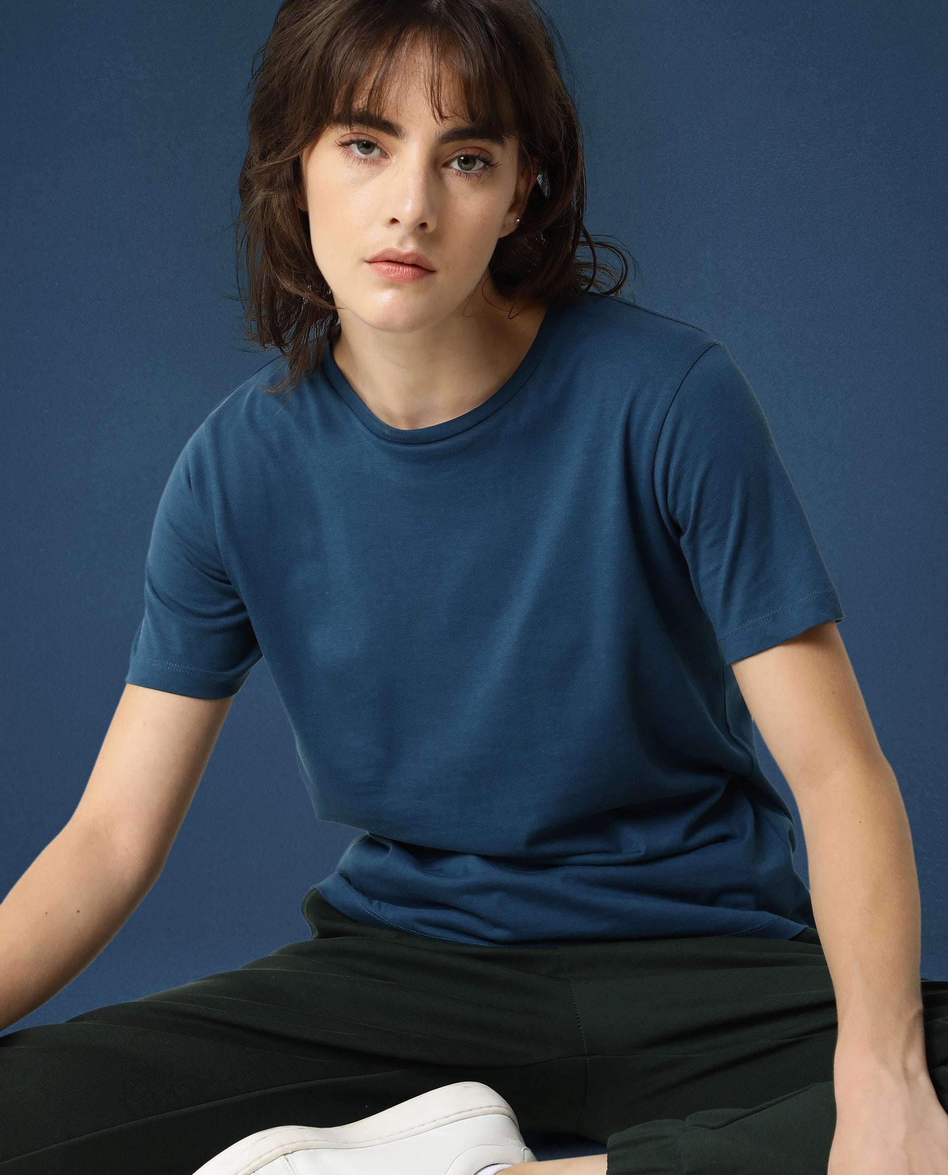 Rareism Women Alcas Dusky Green Cotton Blend Fabric Regular Fit Half Sleeves Solid Round Neck T-Shirt