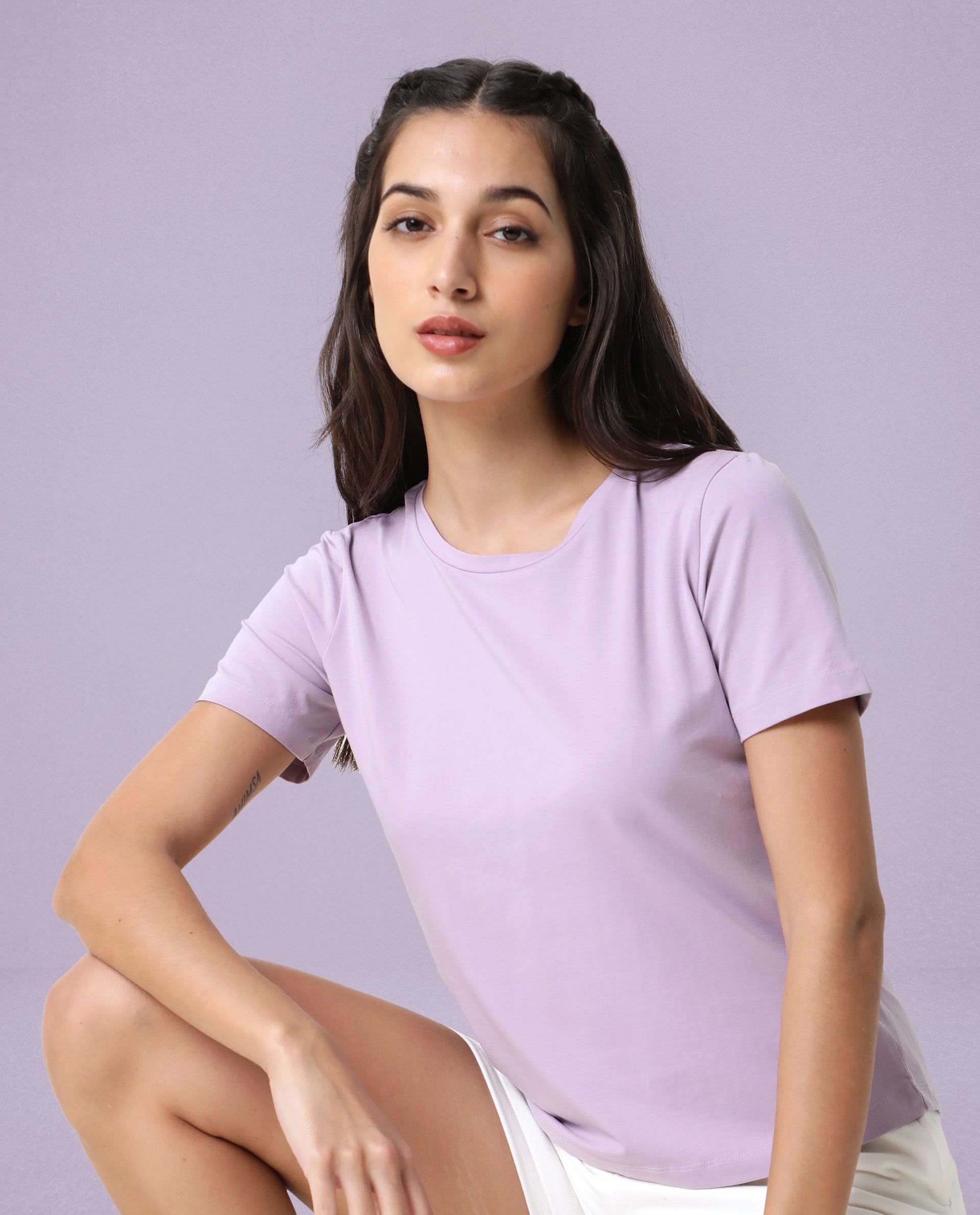 Rareism Women Alcas Light Pink Cotton Blend Fabric Regular Fit Half Sleeves Solid Round Neck T-Shirt