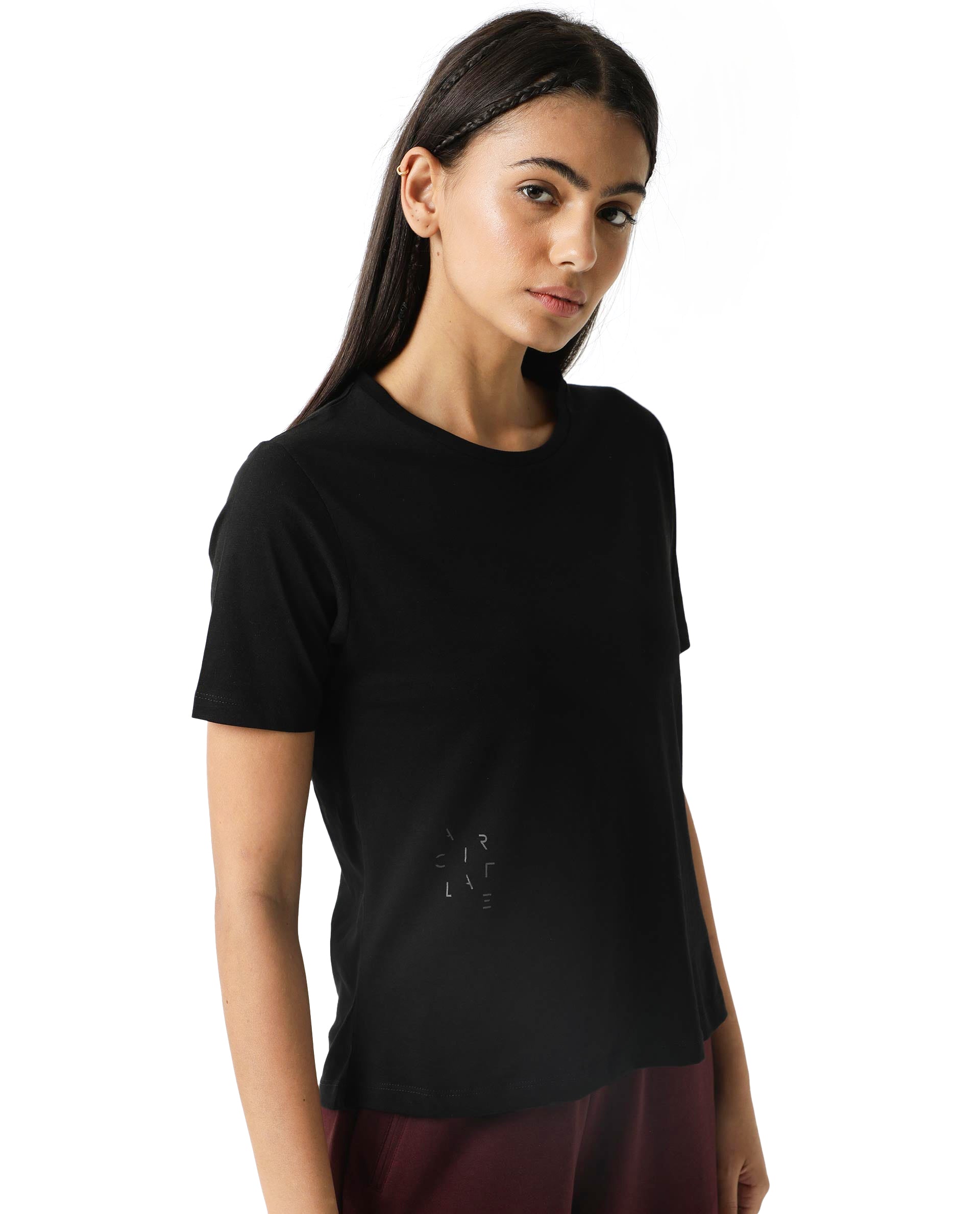Rareism Women Alcas Black Cotton Blend Fabric Regular Fit Half Sleeves Solid Round Neck T-Shirt