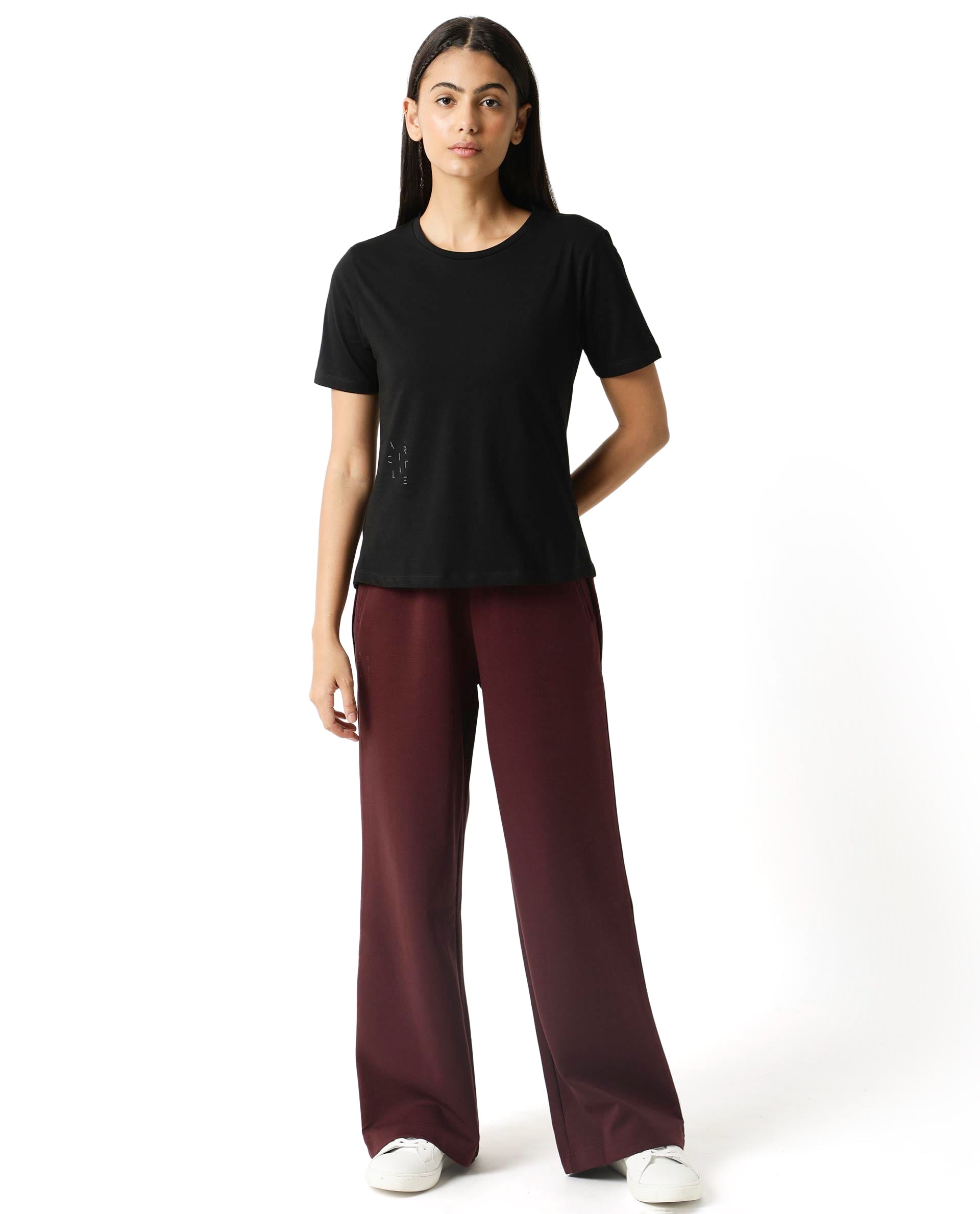 Rareism Women Alcas Black Cotton Blend Fabric Regular Fit Half Sleeves Solid Round Neck T-Shirt