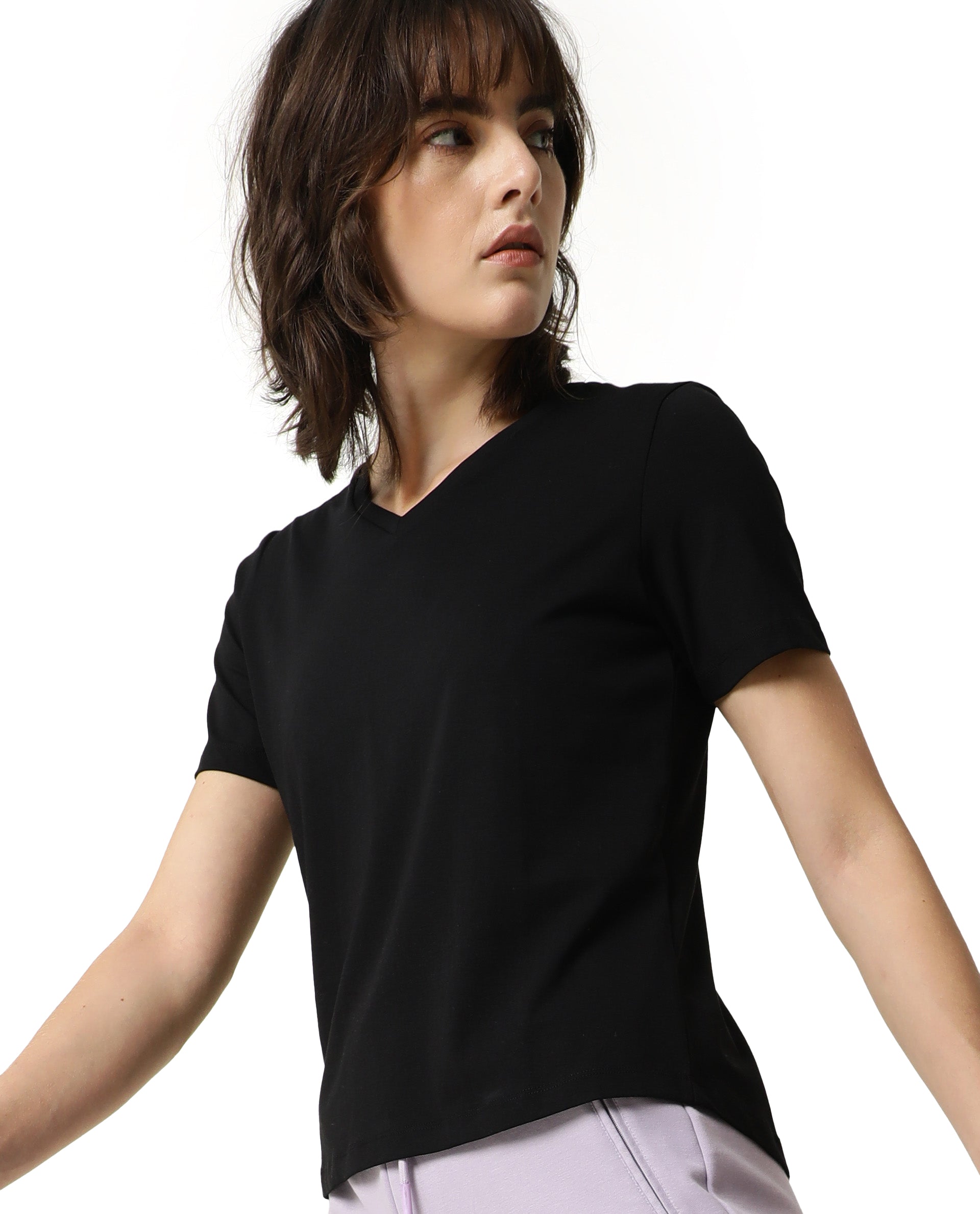 Rareism Women Alcas Black Cotton Blend Fabric Regular Fit Half Sleeves Solid Round Neck T-Shirt