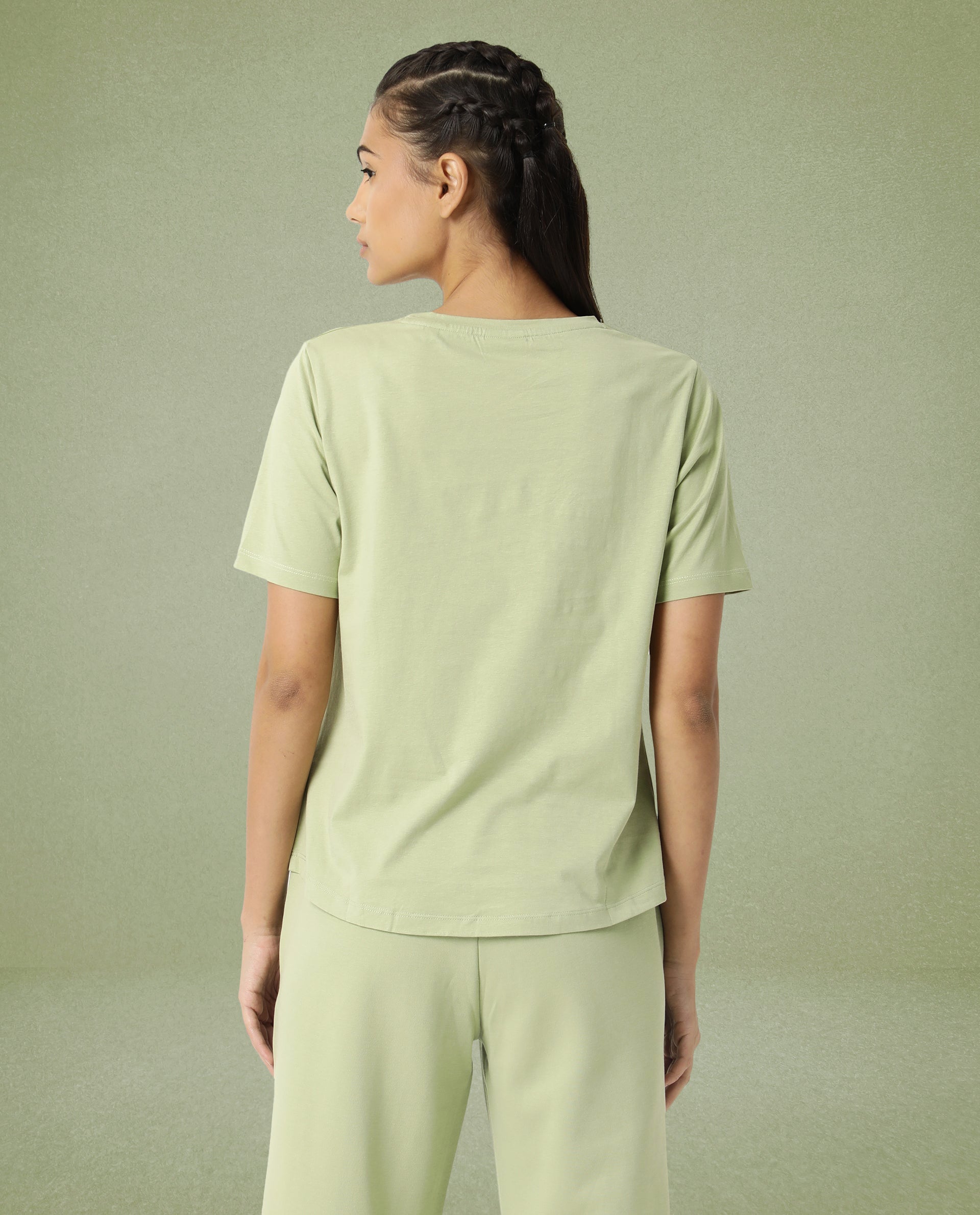 Rareism Women Alcas Light Green Cotton Blend Fabric Regular Fit Half Sleeves Solid Round Neck T-Shirt