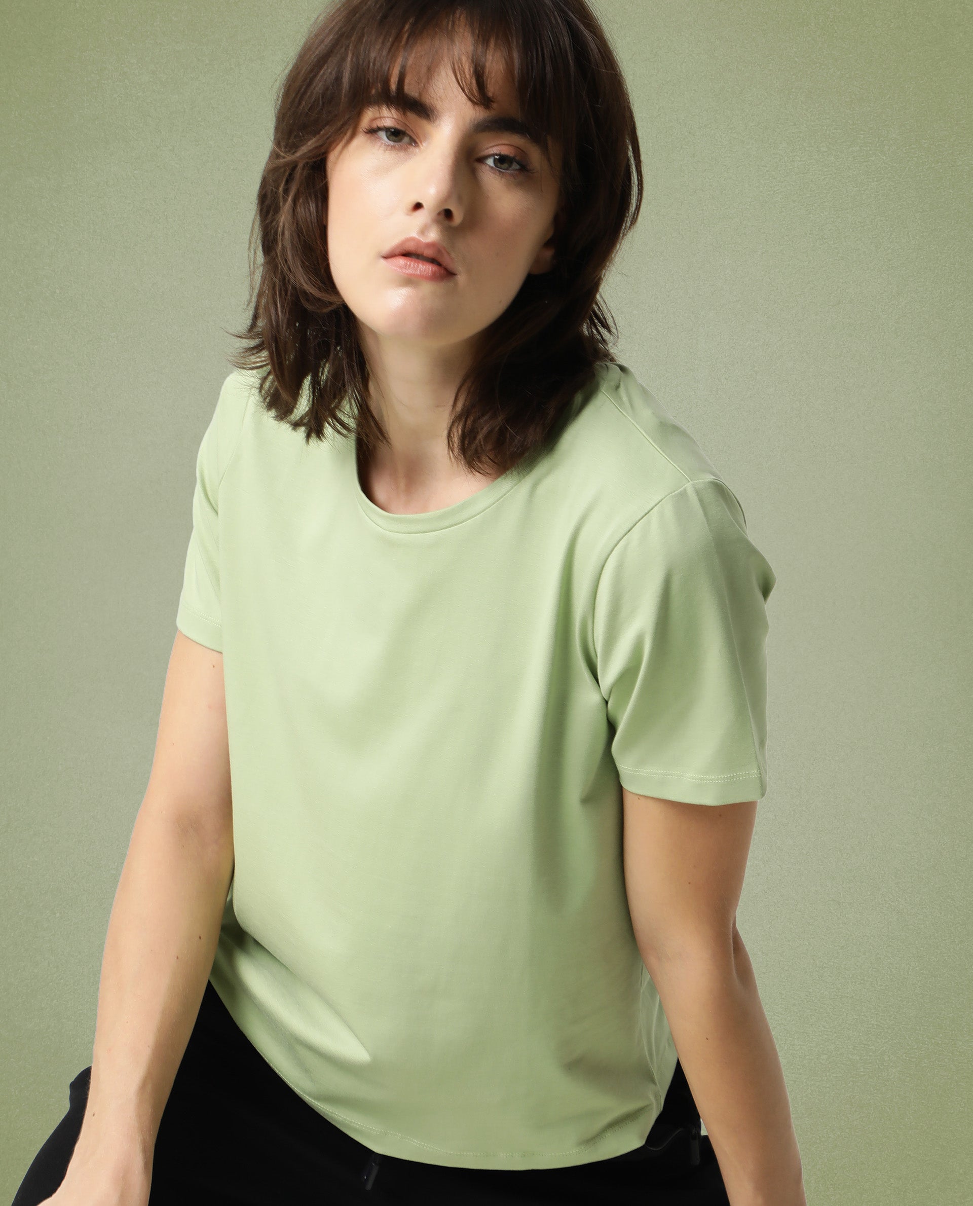 Rareism Women Alcas Light Green Cotton Blend Fabric Regular Fit Half Sleeves Solid Round Neck T-Shirt