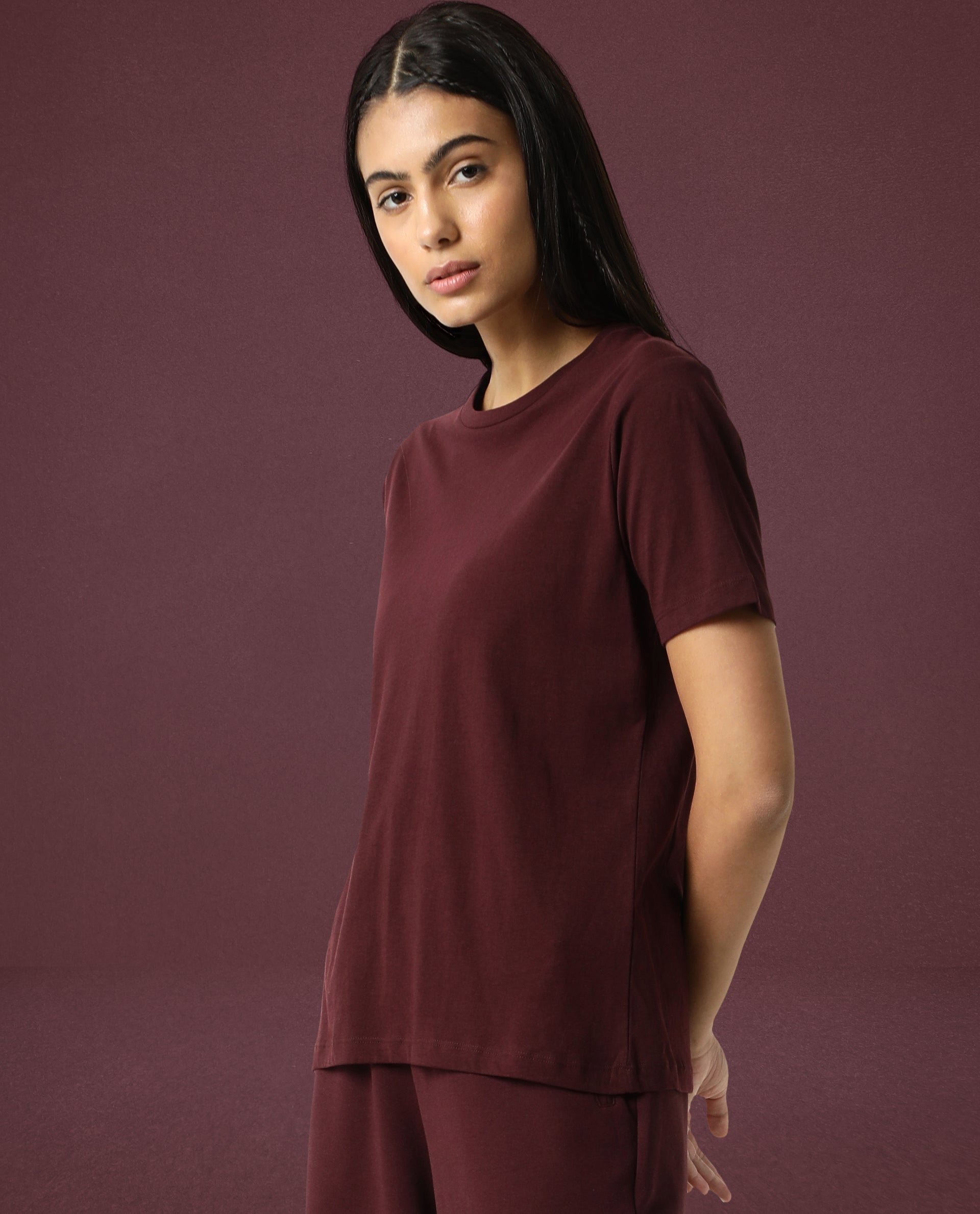 Rareism Women Alcas Maroon Cotton Blend Fabric Regular Fit Half Sleeves Solid Round Neck T-Shirt