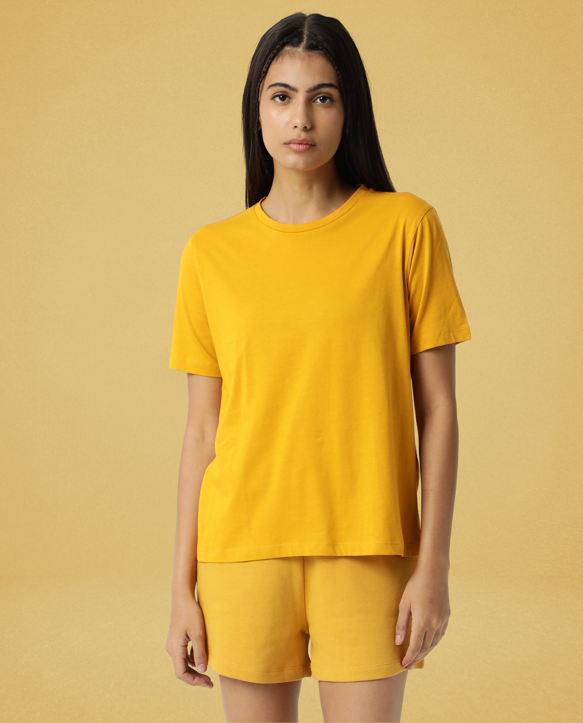 Rareism Women Alcas Mustard Cotton Blend Fabric Regular Fit Half Sleeves Solid Round Neck T-Shirt