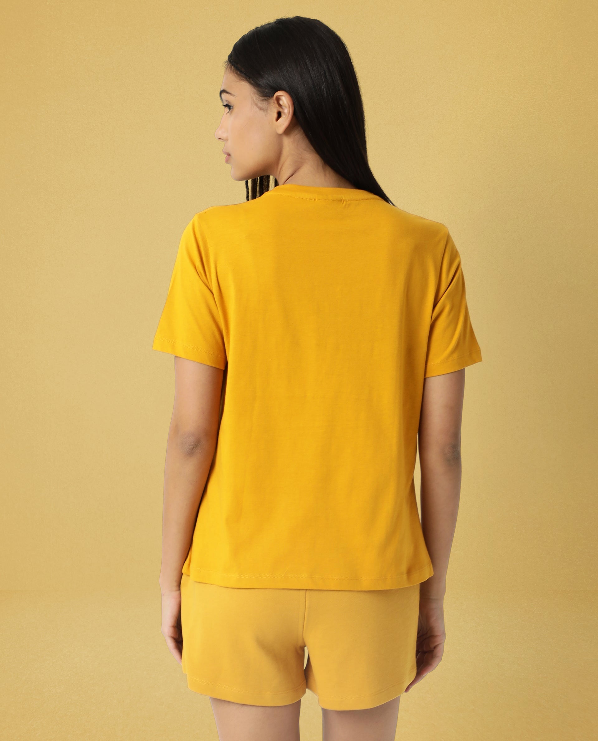 Rareism Women Alcas Mustard Cotton Blend Fabric Regular Fit Half Sleeves Solid Round Neck T-Shirt